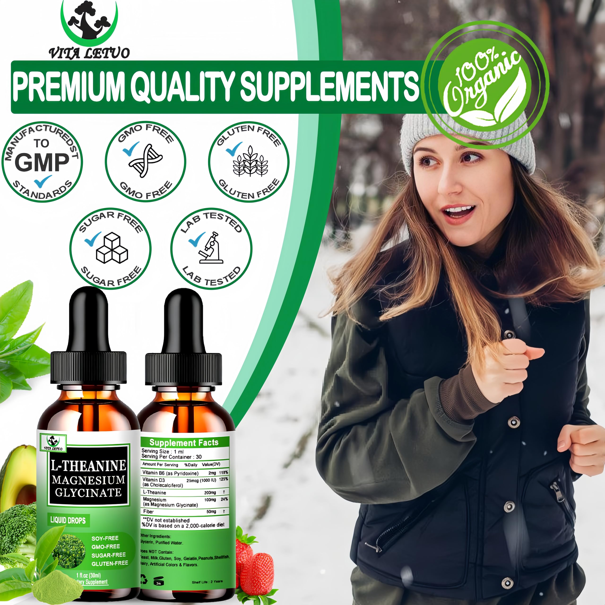 L Theanine Drops, Liquid L-Theanine Supplement 200mg w/Magnesium Glycinate,Vitamins,Fiber for Relaxation,Sleep,Digestion, Calm,High Absorption Mood Support for Adults & Kids,Plant Based,Non-GMO Vita letuoAu supplements