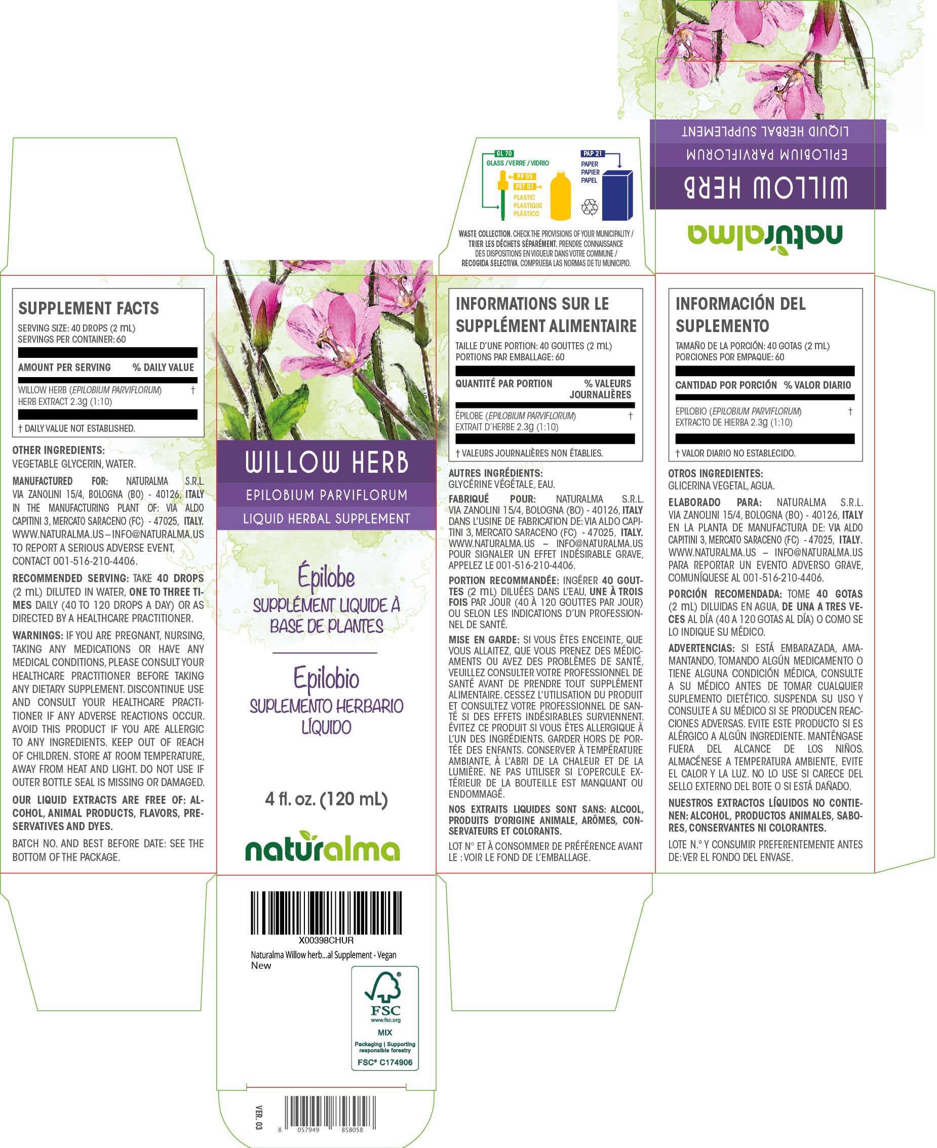 Naturalma Willow herb or Fireweed (Epilobium parviflorum) herb Alcohol-Free Tincture - 4 fl oz Liquid Extract in Drops - Herbal Supplement - Vegan NaturalmaAu supplements