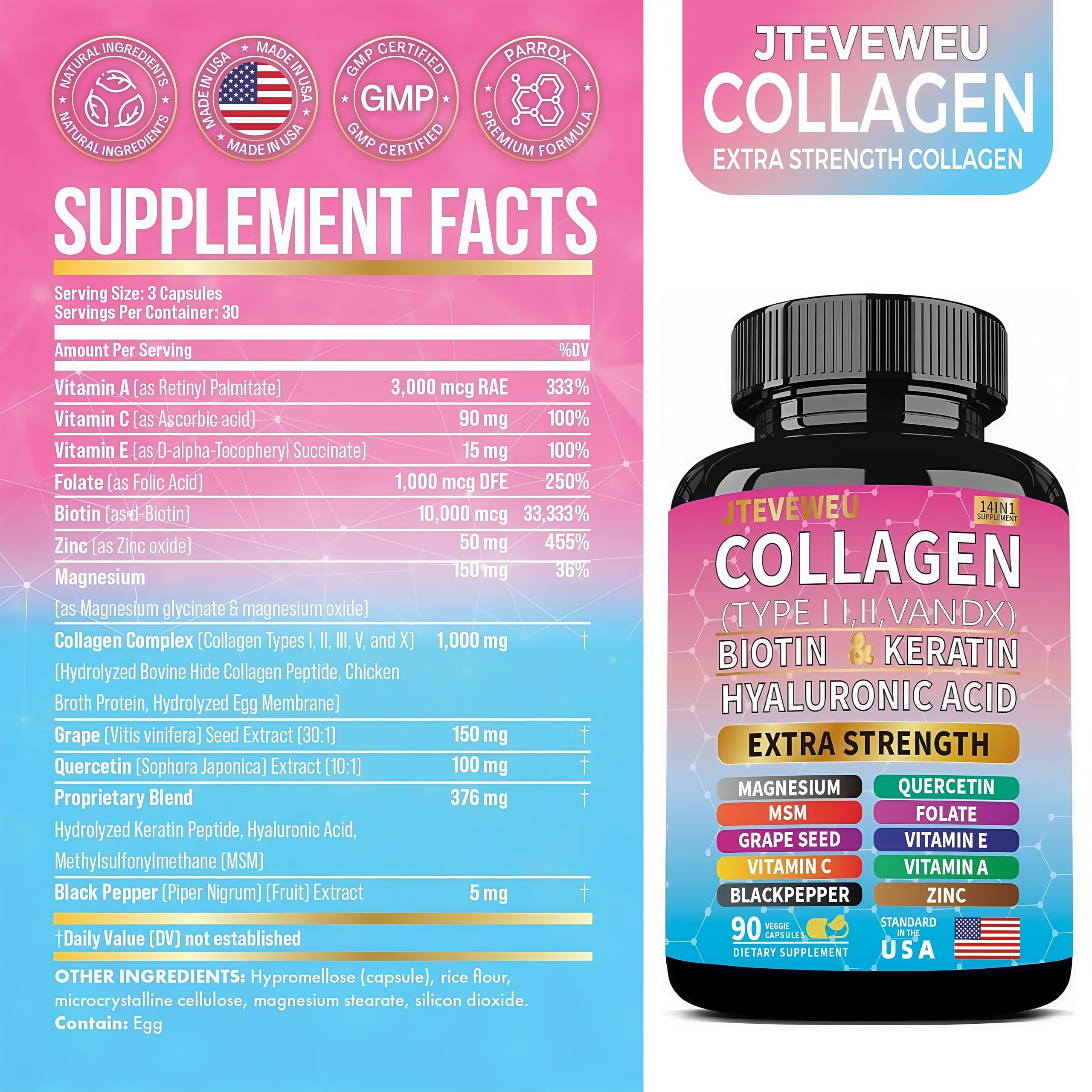 JTEVEweu Collagen Supplement - Type I, II, III, V and X - with Biotin, Keratin, Hyaluronic Acid & 13+ Extra Strength Ingredients - （90 Capsules） JTEVEweuAu supplements