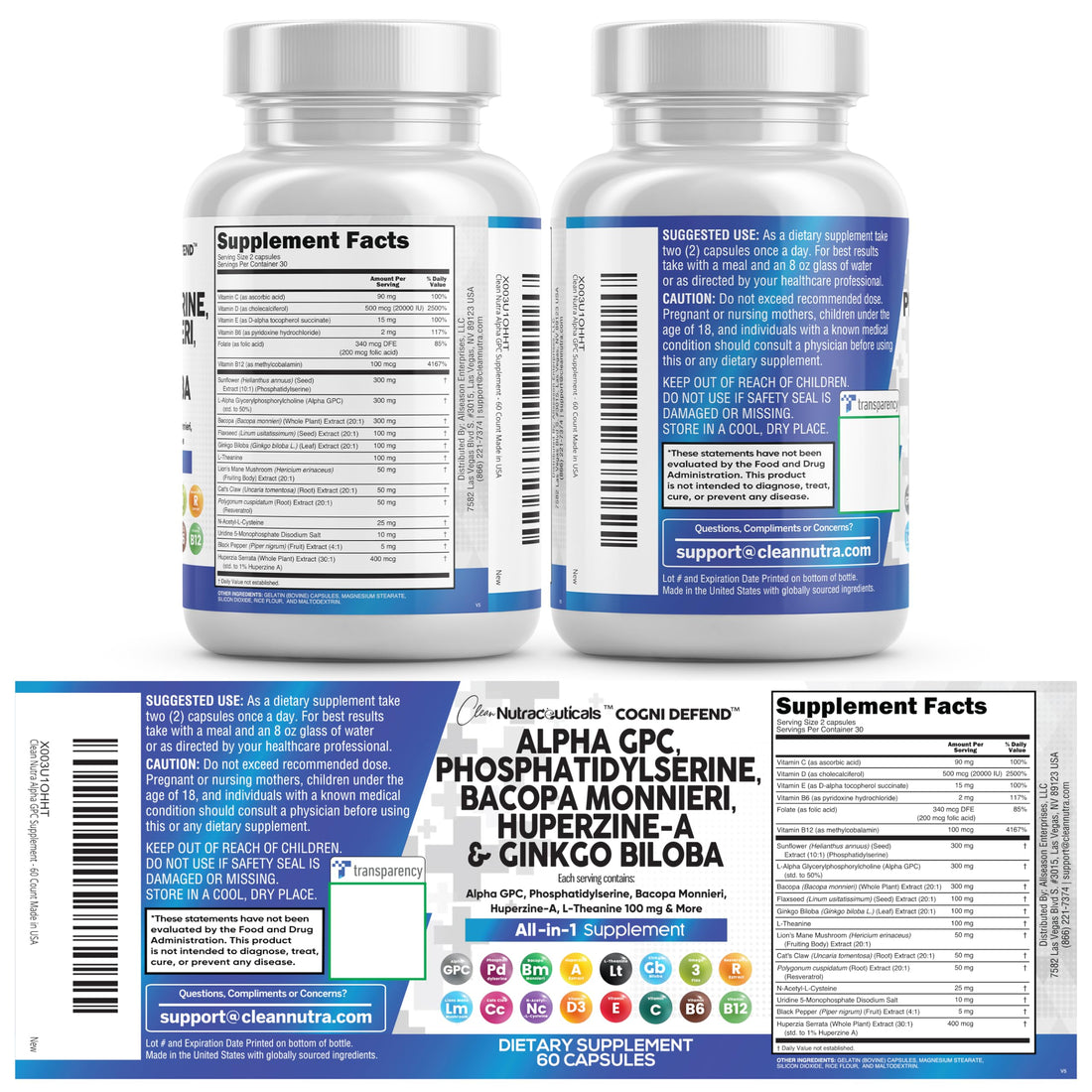 Brain Supplement Alpha GPC 300mg Phosphatidylserine Bacopa Monnieri Ginkgo Biloba Lions Mane Huperzine A L-Theanine NAC Nootropic Memory Focus Cognitive Support Vitamins B C D E 60 Capsules USA Clean NutraceuticalsAu supplements