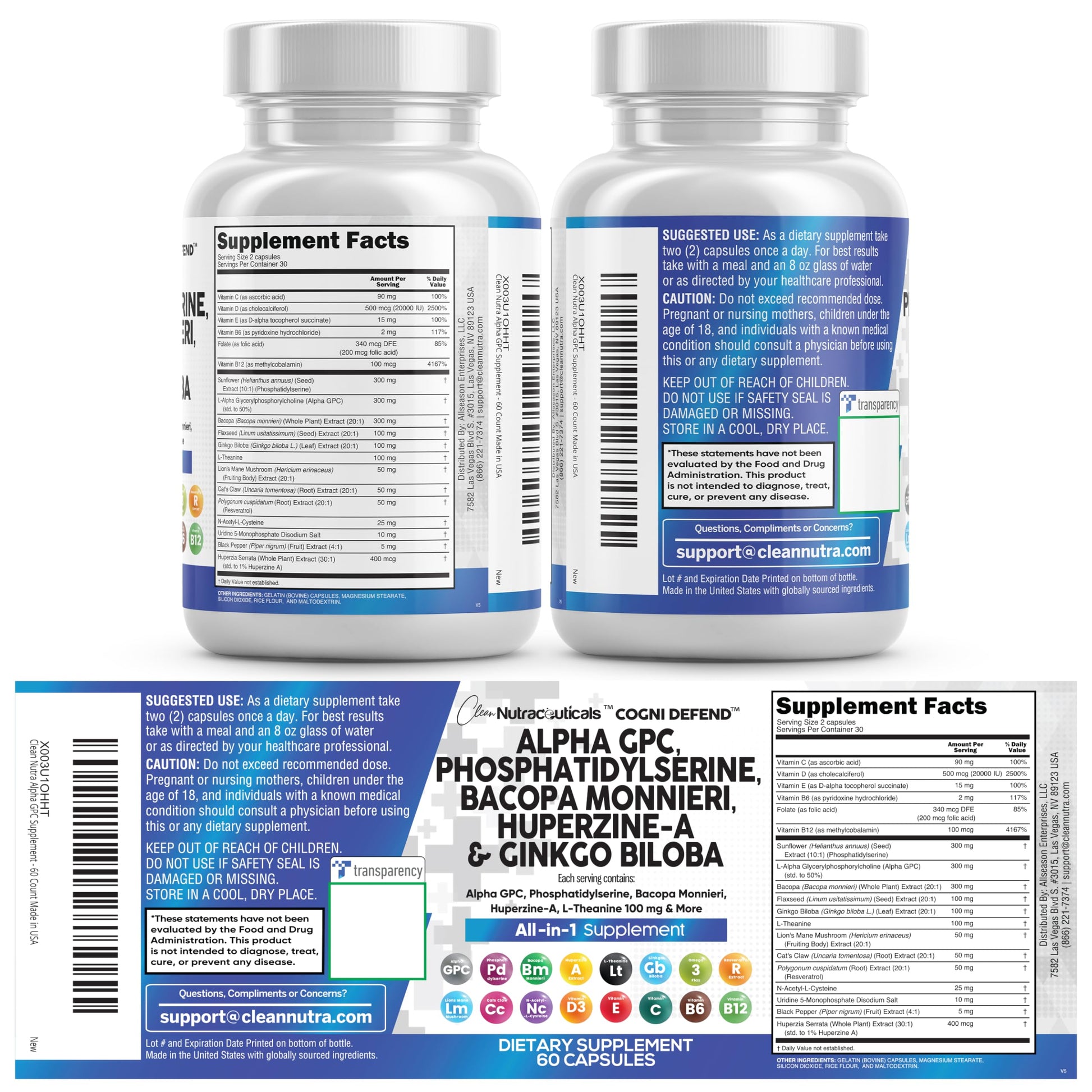 Brain Supplement Alpha GPC 300mg Phosphatidylserine Bacopa Monnieri Ginkgo Biloba Lions Mane Huperzine A L-Theanine NAC Nootropic Memory Focus Cognitive Support Vitamins B C D E 60 Capsules USA Clean NutraceuticalsAu supplements