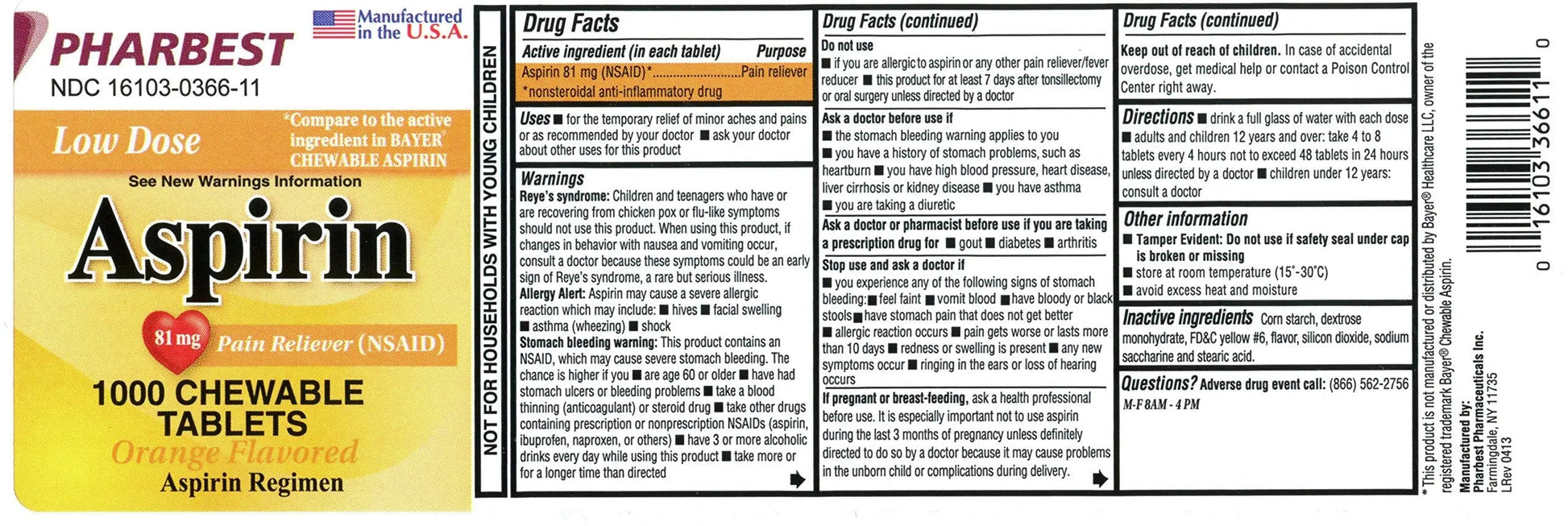 Pharbest Aspirin 81mg Chewable Orange Tablets 1000 Count Per Bottle PHARBESTAu supplements