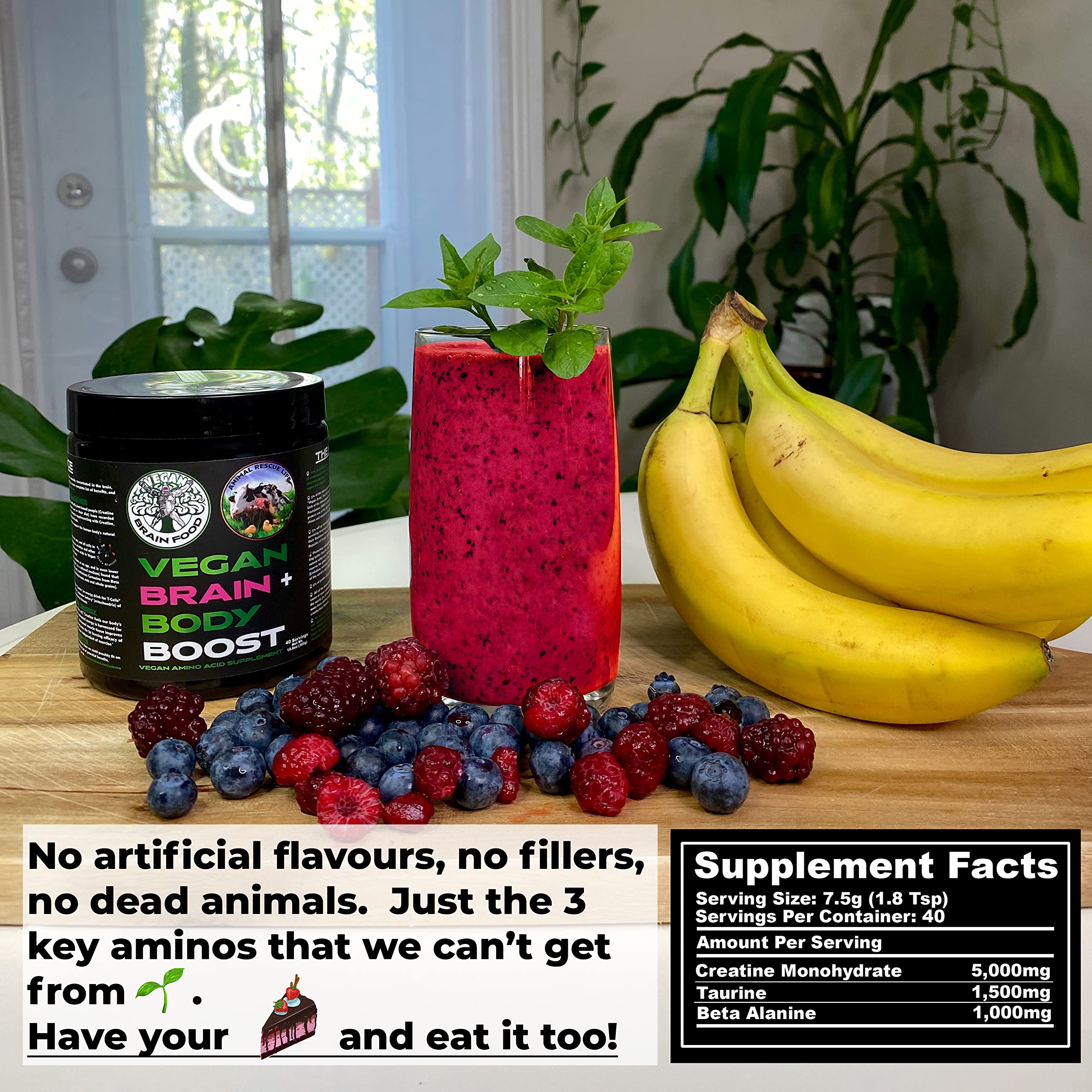 Vegan Brain & Body Boost: The Cherry On Top of A Plant-Based Lifestyle | Working Intelligence | Anti-Aging | Physical Fitness | Vegan Amino Acids - Creatine, Taurine & Beta Alanine | 40 Servings/300g Vegan Brain FoodAu supplements