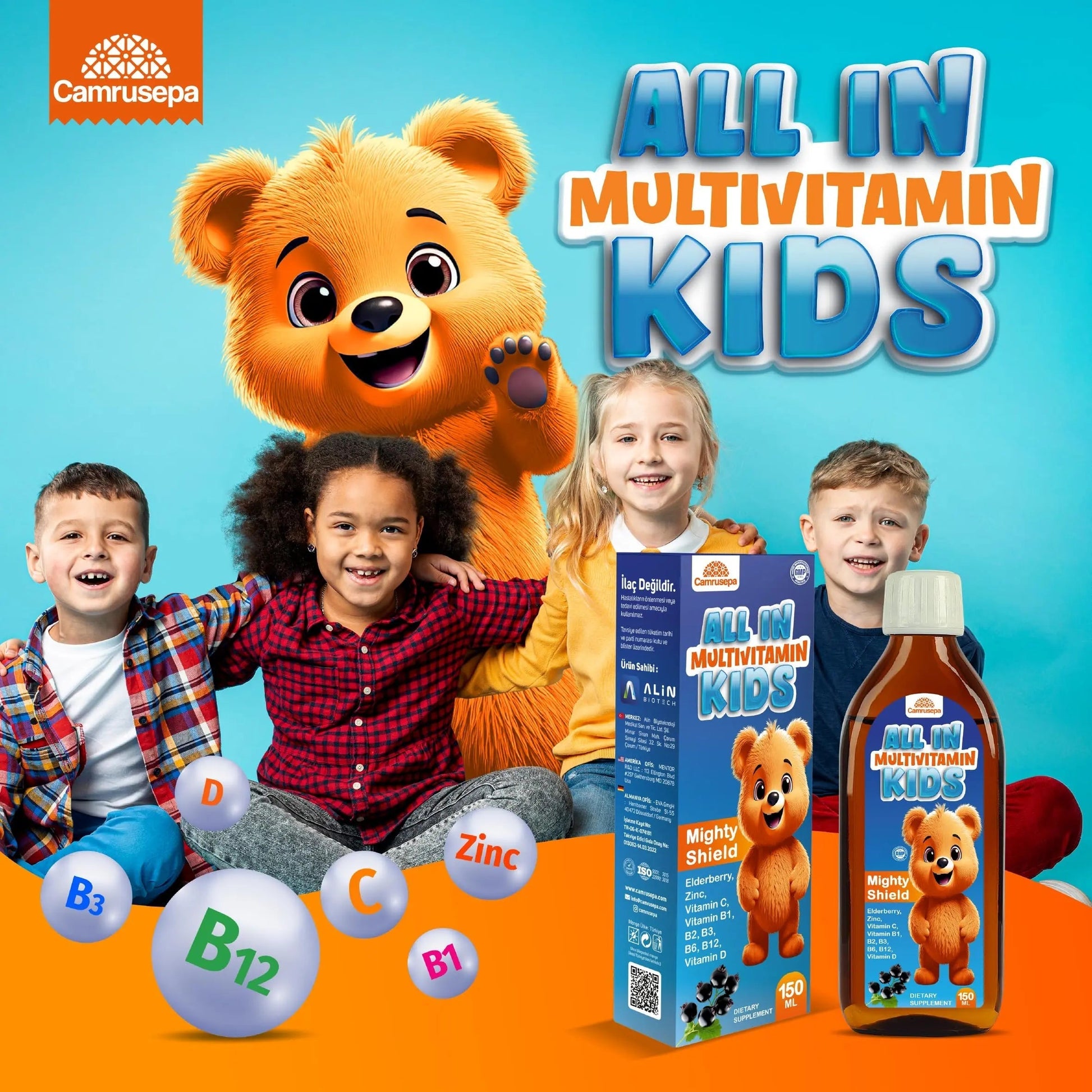 CAMRUSEPA All in Multivitamin Kids Syrup – Black Elderberry Flavored, Inositol, Zinc, Vitamin C, Daily Liquid Multivitamin CamrusepaAu supplements