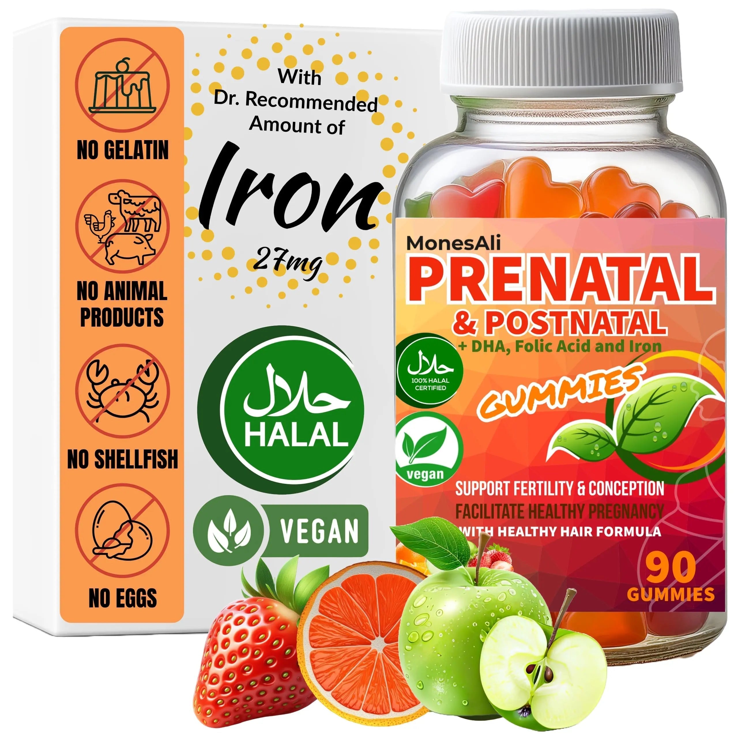 MonesAli Prenatal Gummies for Women Vitamins| & Postnatal | Vegan, Halal, Gelatin Free | with Folate, Iron & Biotin | MonesAliAu supplements