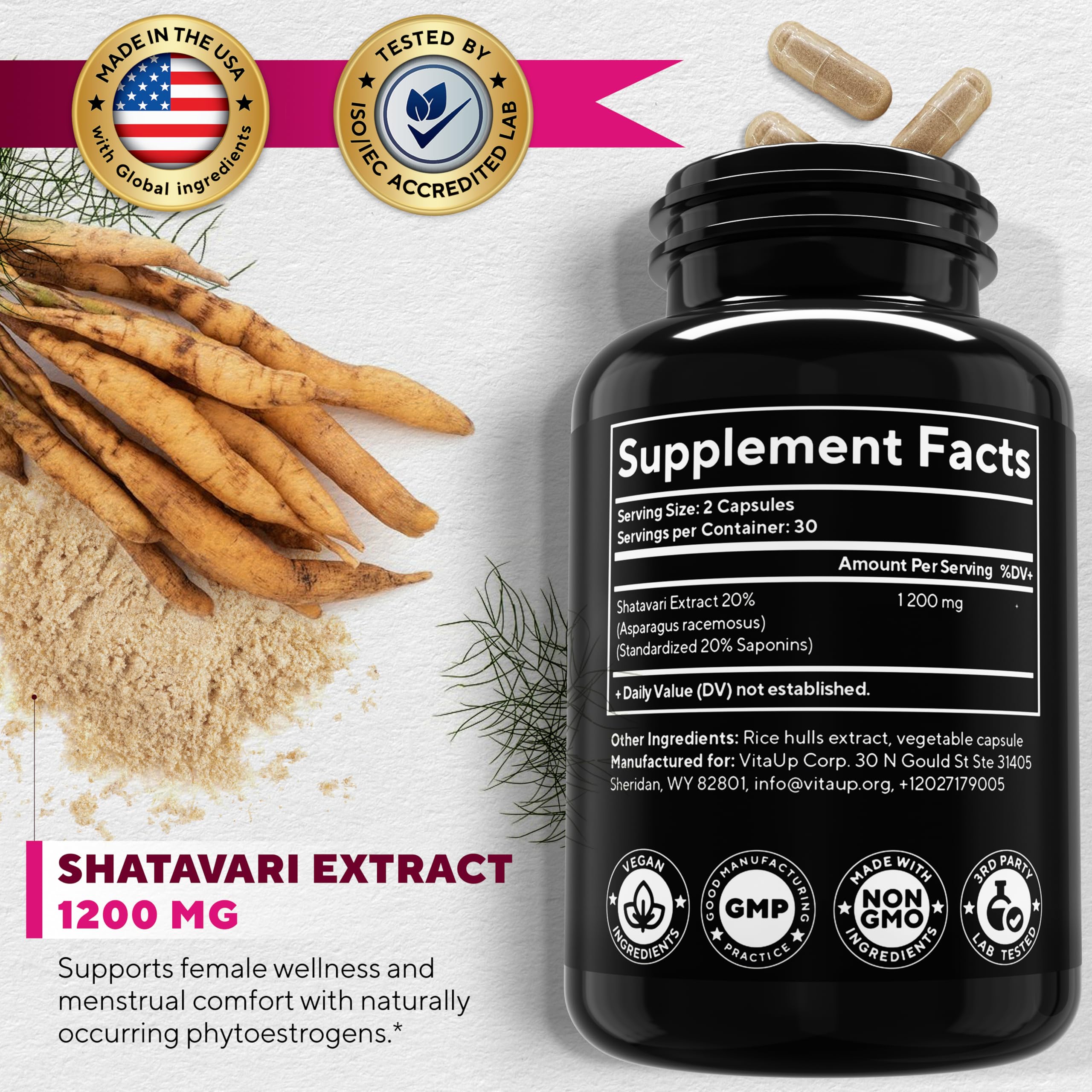 VitaUp Shatavari Capsules for Women 1200mg - USA Made Shatavari Root Supplement for Normal Hormonal Support, Menopause & Menstrual Wellness - 60 Vegan Capsules VitaUpAu supplements