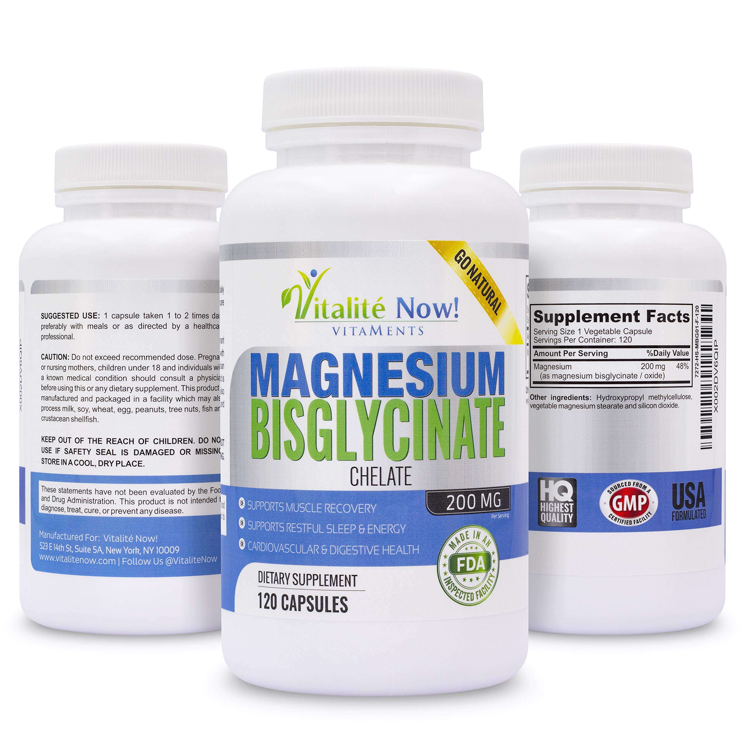 Vitalité Now! Magnesium Bisglycinate 200mg - 100% Chelated Capsules for Superior Absorption - Gentle Formula, No Laxative Effect - Sleep Energy Cramps Muscle Support - Fully Reacted & Buffered Vitalité Now!Au supplements