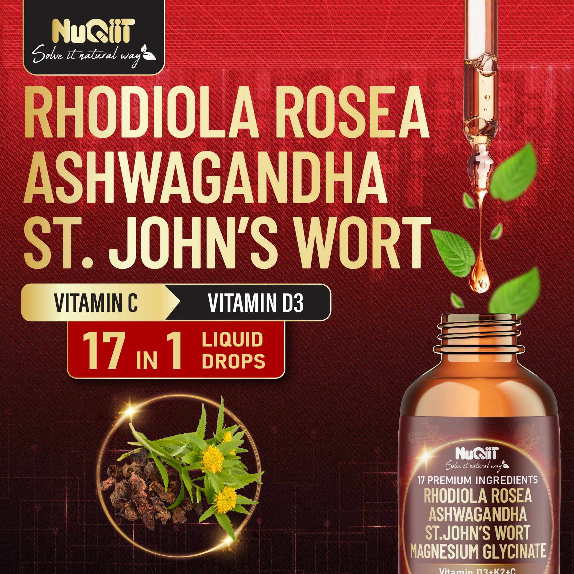 NUQIIT 17in1 Rhodiola Rosea Liquid Drops Tincture w/Ashwagandha Magnesium, L-Theanine. Ultra Rhodiola Cortisol Supplement, Rhodiola Root for Mood, Energy - 1 FL Oz - 60 Day Supply NUQIITAu supplements