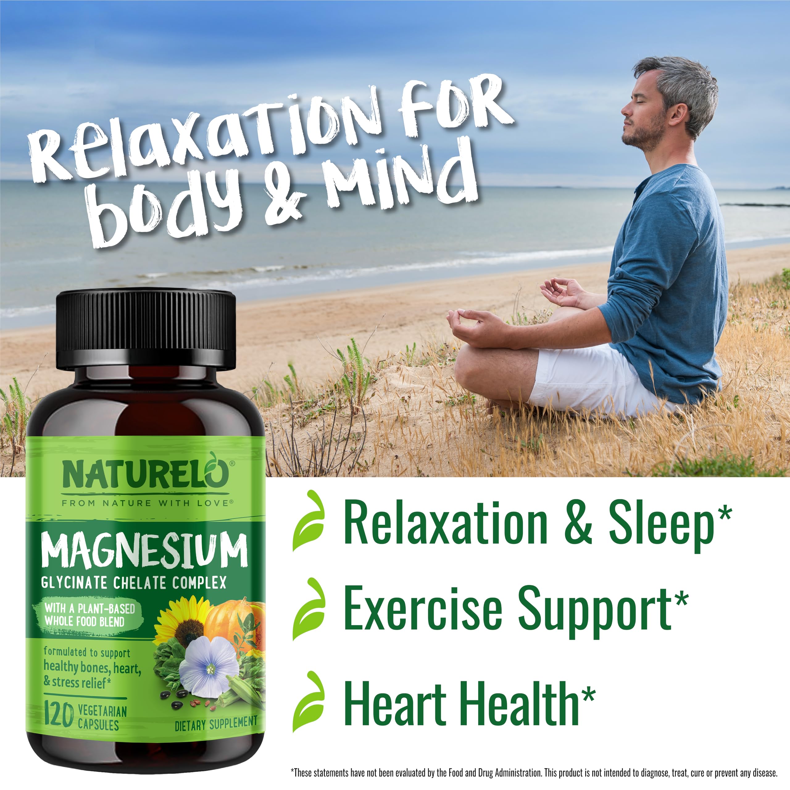 NATURELO Magnesium Glycinate Chelate Complex - 200 mg Magnesium with Organic Vegetables to Support Sleep, Calm, Muscle Cramp & Stress Relief - Gluten Free, Non GMO - 120 Capsules NATURELOAu supplements