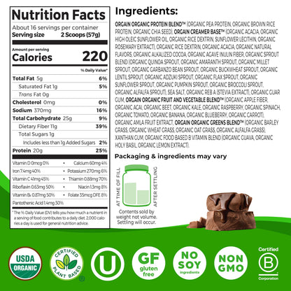 Orgain Organic Vegan Meal Replacement Protein Powder, Creamy Chocolate Fudge - 20g Plant Based Protein, Gluten Free, Dairy Free, Lactose Free, Soy Free, No Sugar Added, OrgainUS supplements