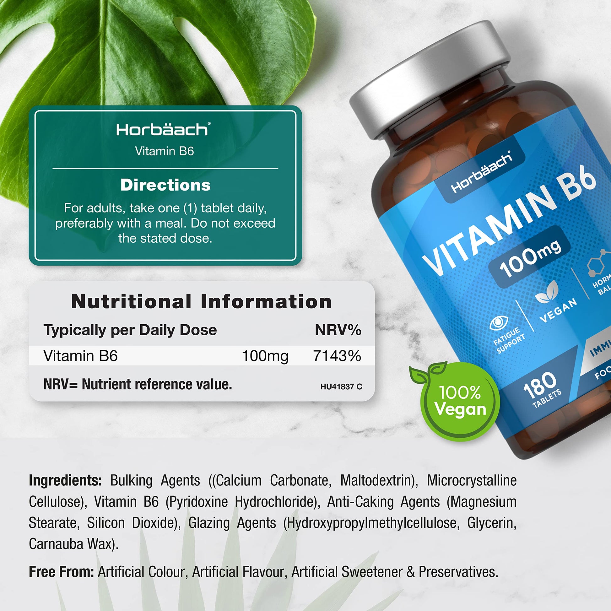Vitamin B6 100mg | 180 High Strength Tablets | Regulation of Hormonal Activity & Fatigue HorbäachUS supplements