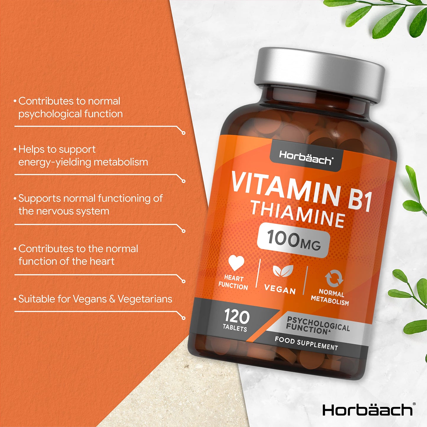 Vitamin B1 Thiamine High Strength 100mg | 120 Vegan Tablets | No Artificial HorbäachUS supplements