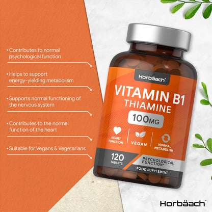Vitamin B1 Thiamine High Strength 100mg | 120 Vegan Tablets | No Artificial HorbäachUS supplements