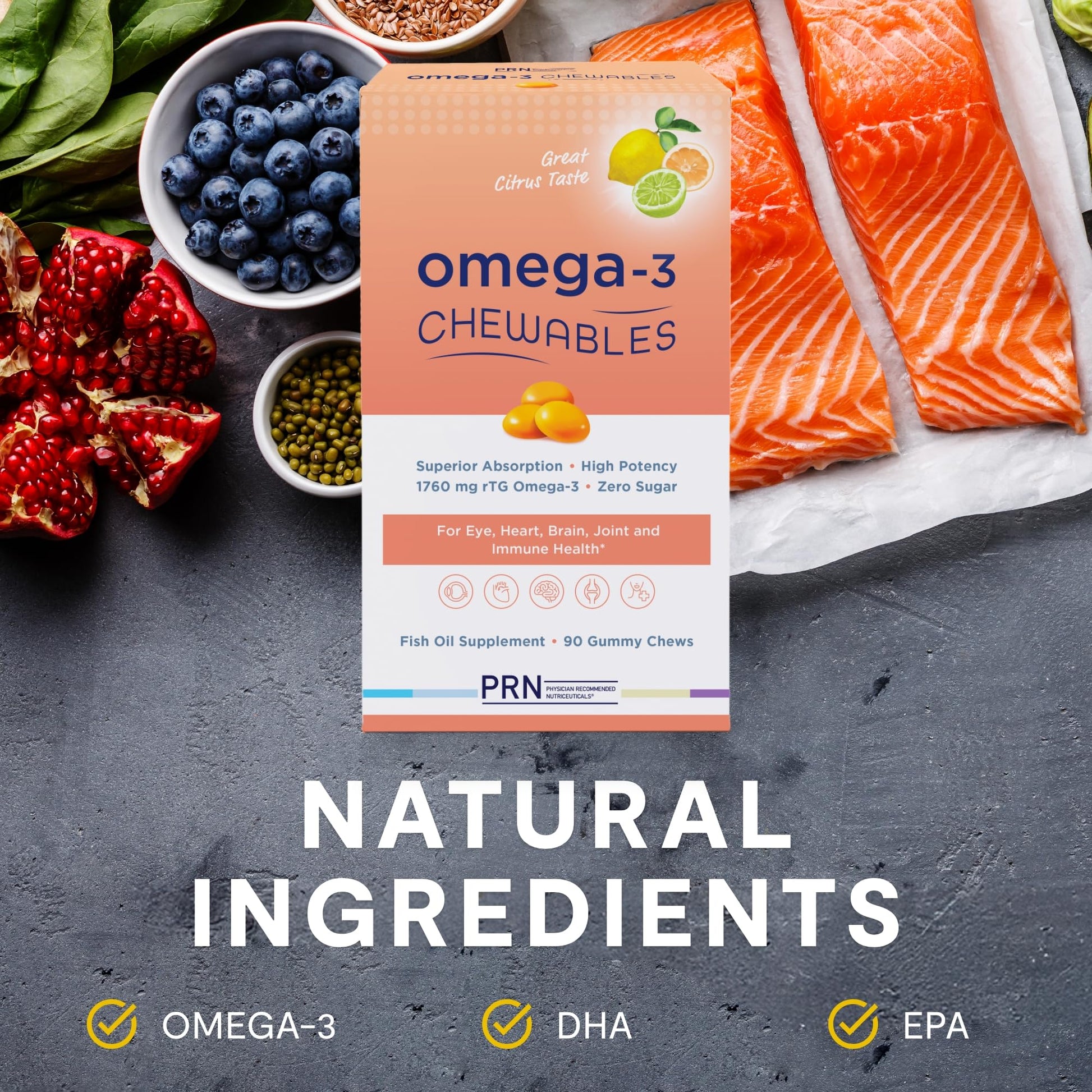 Omega 3 Gummy Chewables - 90 Gel Chews, 30-Day Supply, Citrus Flavor - 1760mg Ultra-Pure rTG Omega 3 for Eye, Heart, Brain, Joint & Immune Health PRN Physician Recommended NutriceuticalsAu supplements
