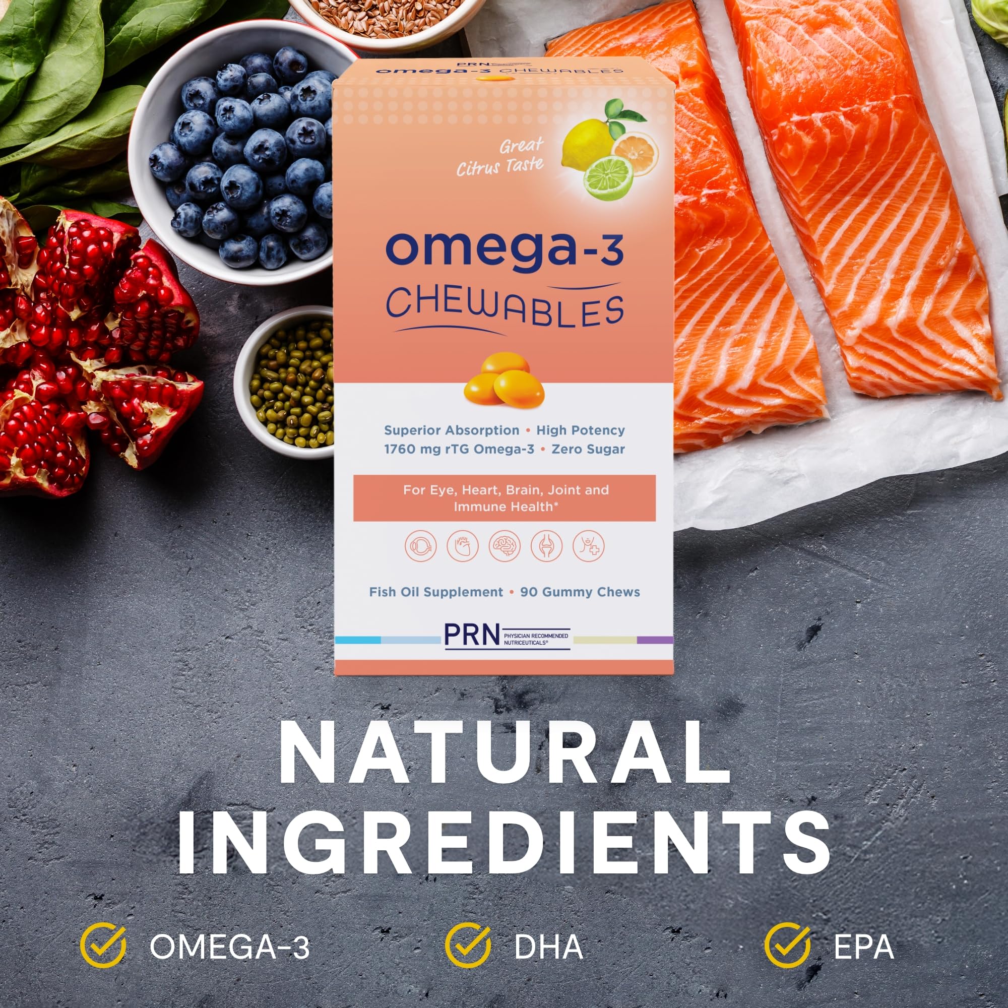 Omega 3 Gummy Chewables - 90 Gel Chews, 30-Day Supply, Citrus Flavor - 1760mg Ultra-Pure rTG Omega 3 for Eye, Heart, Brain, Joint & Immune Health PRN Physician Recommended NutriceuticalsAu supplements