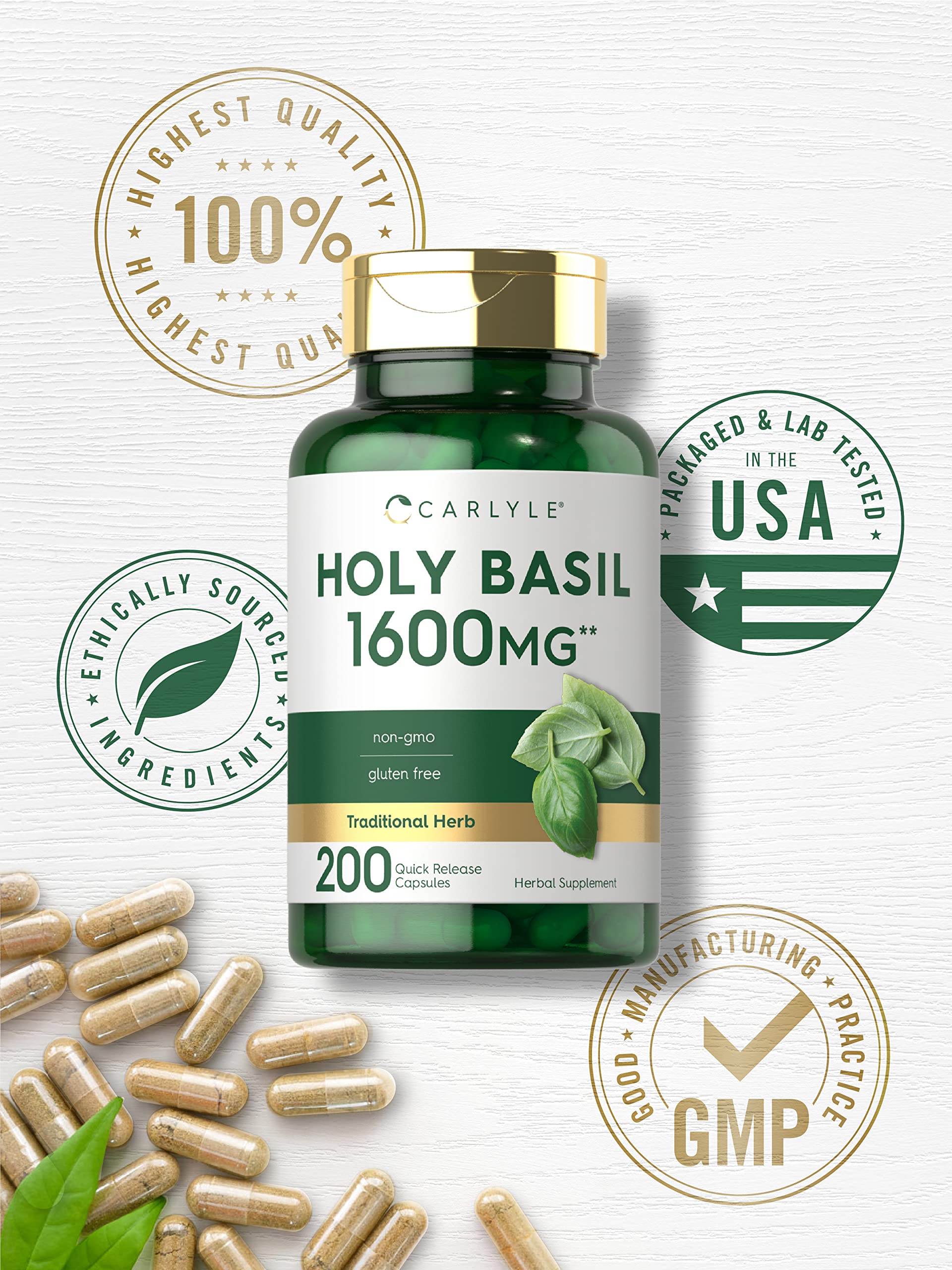 Carlyle Holy Basil Capsules 1600 mg | 200 Count | Tulsi Holy Basil Leaf Extract | Herbal CarlyleAu supplements