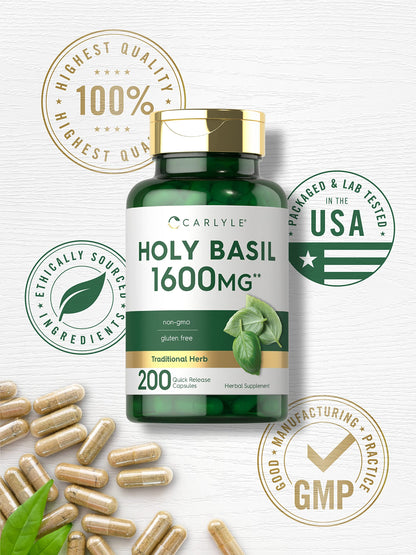 Carlyle Holy Basil Capsules 1600 mg | 200 Count | Tulsi Holy Basil Leaf Extract | Herbal CarlyleUS supplements