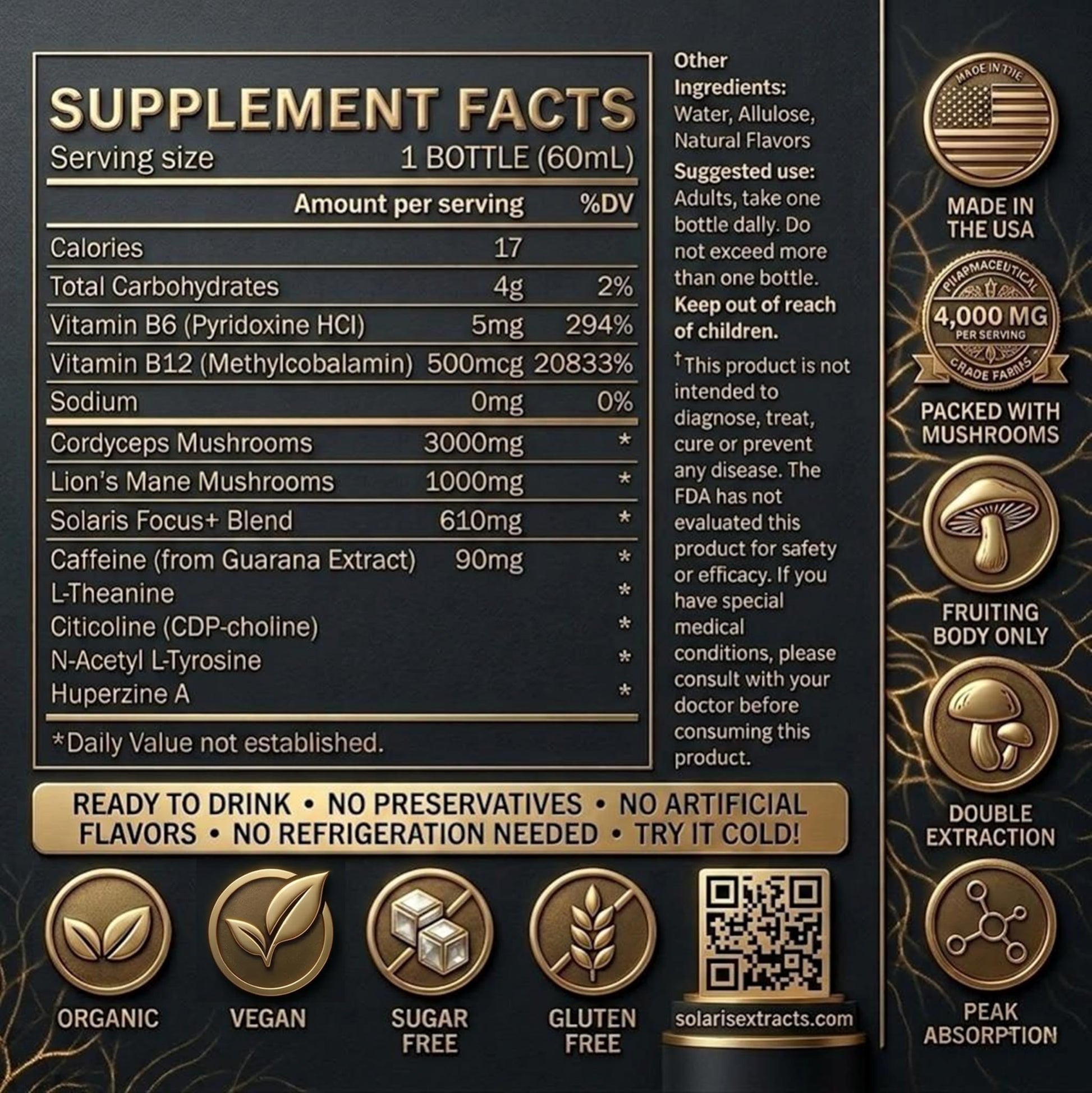 Solaris Mushroom Productivity Wellness Shots | Focus, Circulation, Memory | 4000mg of Cordyceps & Lion's Mane | Citicoline, L-Theanine, Vitamin B6/B12 | Coffee Alternative (6-Pack) Solaris ExtractsAu supplements