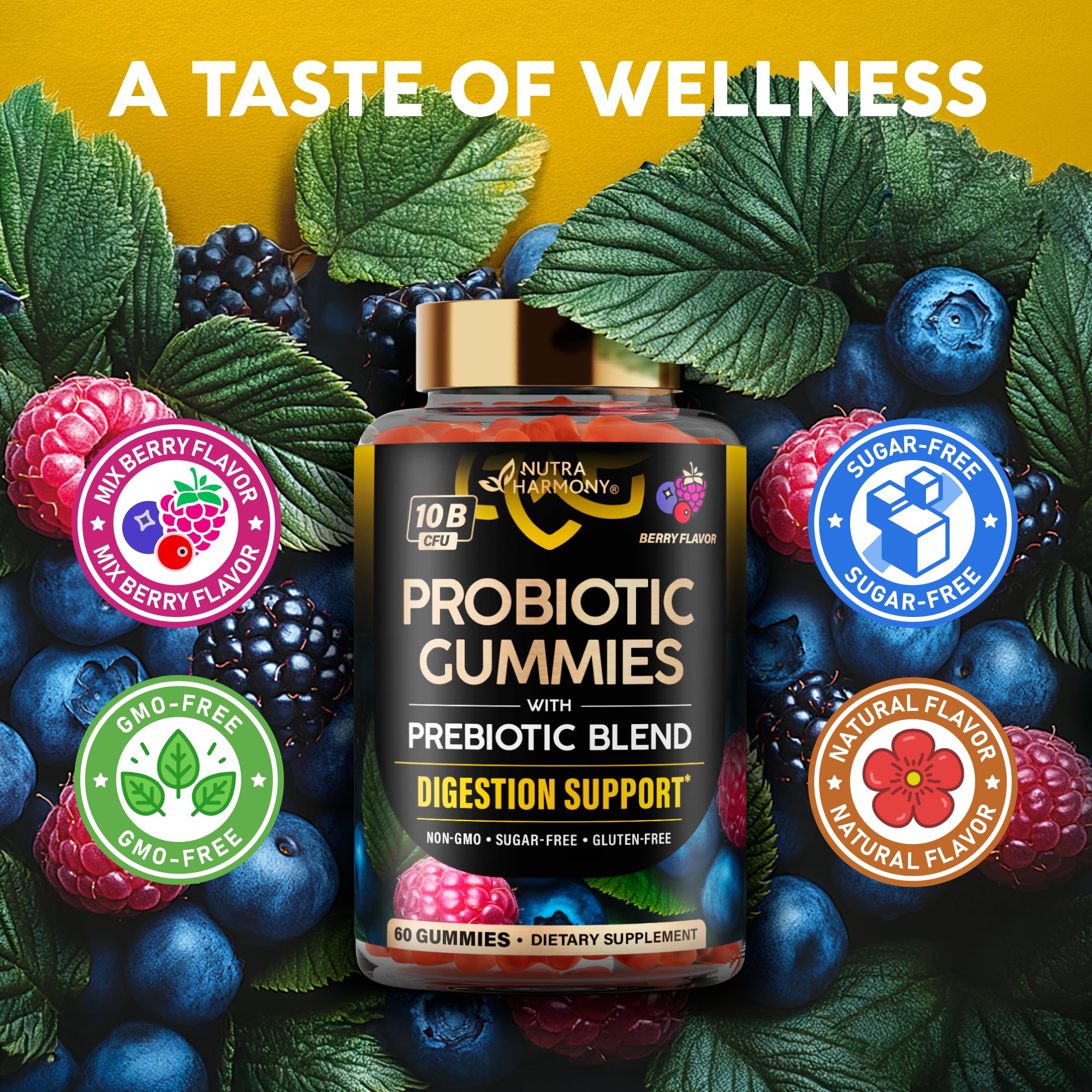 Probiotic Gummies 10B CFU with Prebiotic Fiber - Digestion & Immune Support - Debloat, Stomach & Gut Comfort - Probiotics for Women & Men - Natural Berry Flavor - Vegan & Sugar-free - 60 Gummies NUTRAHARMONYAu supplements