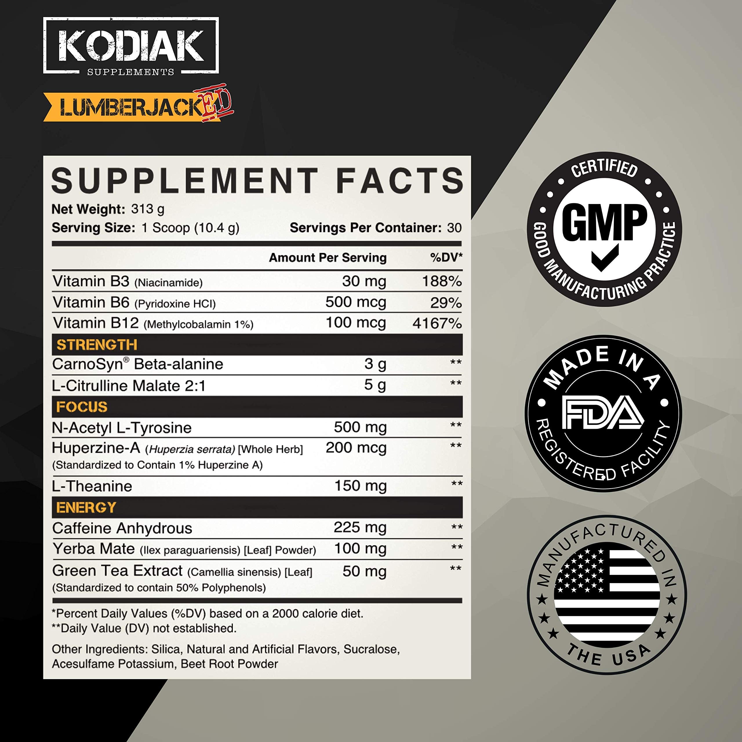 Kodiak Supplements LUMBERJACKED Pre-Workout Supplement with CarnoSyn 30 Servings Kodiak SupplementsAu supplements