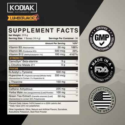 Kodiak Supplements LUMBERJACKED Pre-Workout Supplement with CarnoSyn 30 Servings Kodiak SupplementsUS supplements