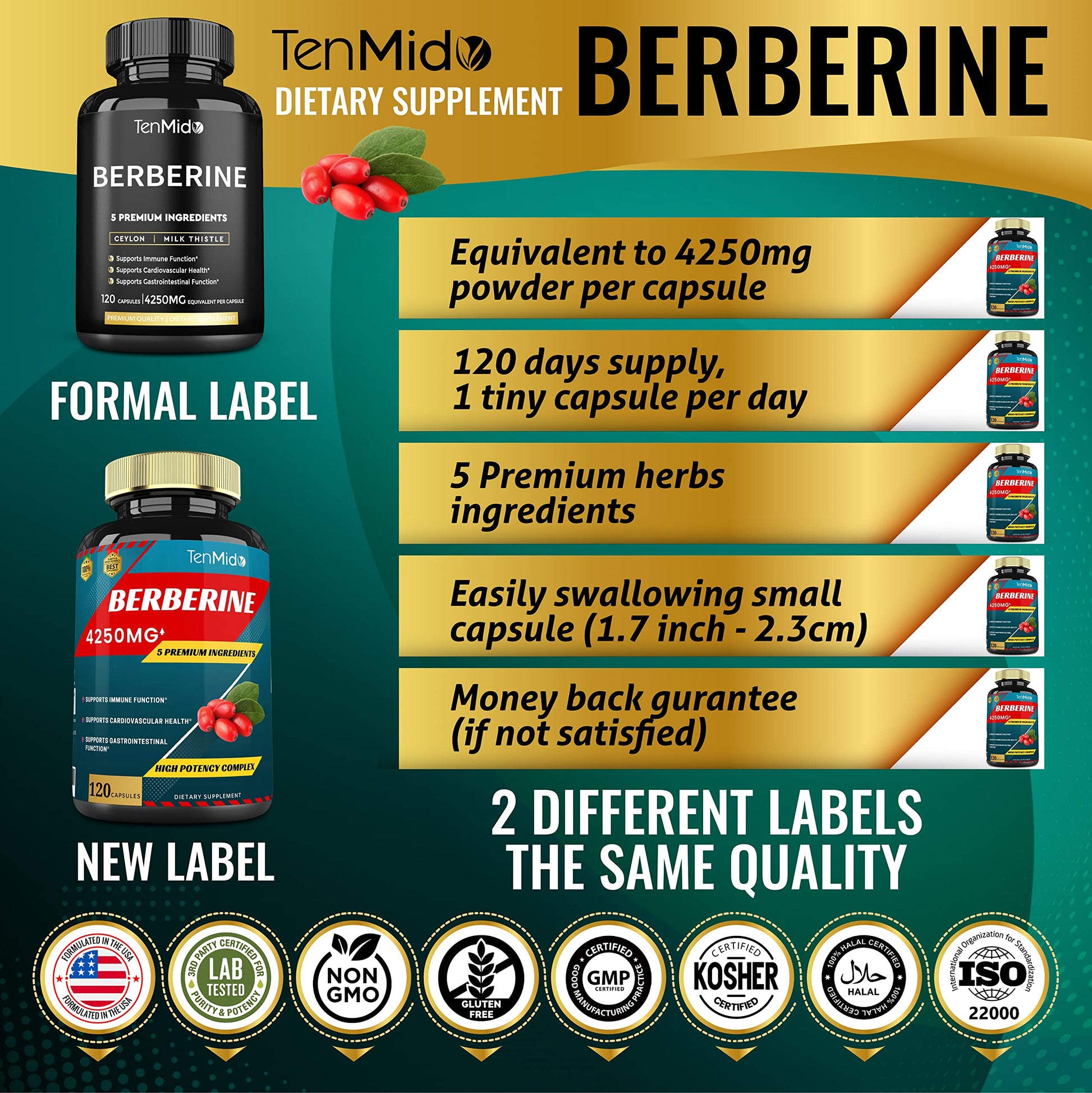 Berberine Extract Capsules 4250mg, 4 Months Supply & Ceylon, Milk Thistle, Turmeric TenmidoAu supplements