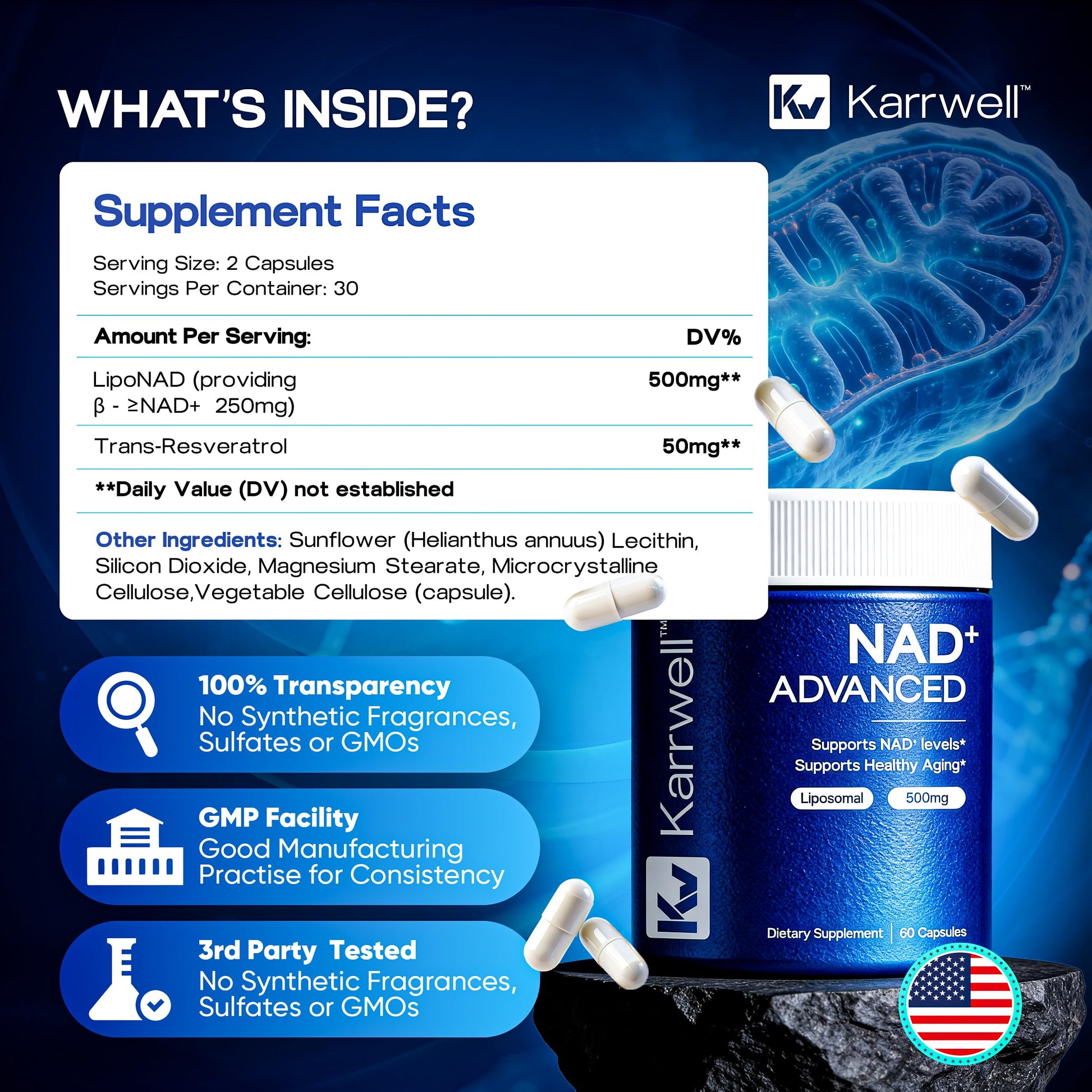 Karrwell NAD+ Advanced 500MG Liposomal NAD+ with Resveratrol - NAD Supplement for Men & Women - NMN Alternative for Cellular Energy & Healthy Aging - 60 Capsules, 30 Day Supply KarrwellAu supplements