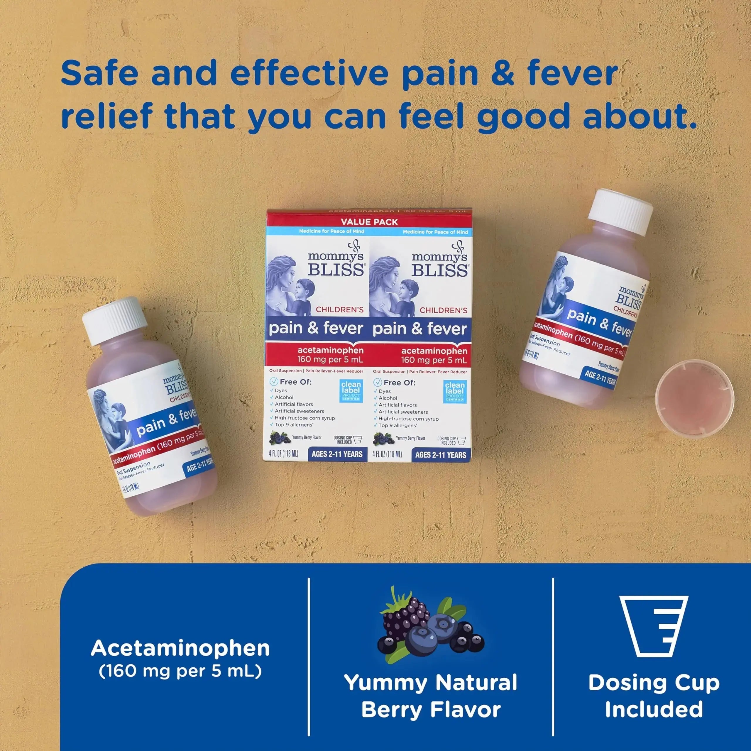 Mommy's Bliss Children's Pain and Fever Reducer, Kids Acetaminophen, Dye Free, Delicious Mixed Berry Flavor, Ages 2+, 4 Fluid Ounces (Pack of 2) Mommy's BlissAu supplements