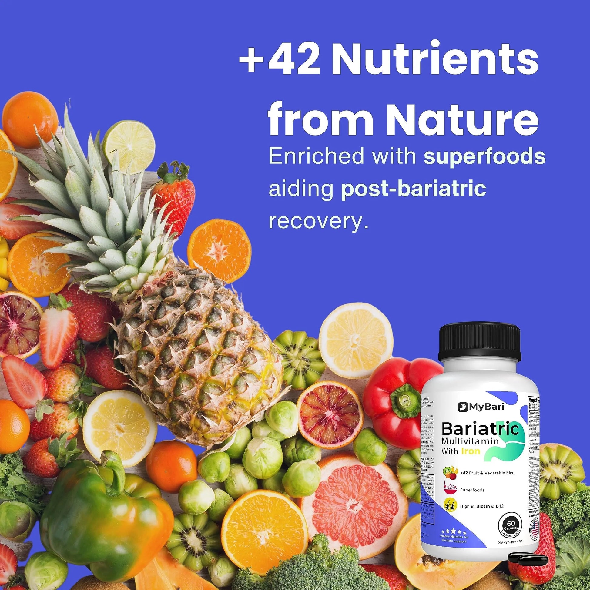 MyBari All-in-One Bariatric Multivitamin with Iron - Made in USA - for Men & Women - Supports Gastric Sleeve & Bypass with 42+ Fruit & Veggie Blend - 60 Liquid Capsules MyBariAu supplements