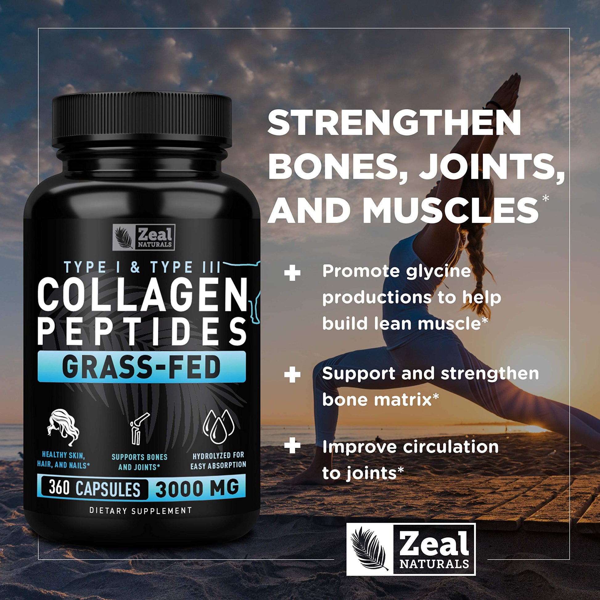 Zeal Naturals Collagen Peptides Collagen Pills (360 Capsules) Grass Fed Collagen Pepetide Powder - Hydrolyzed Collagen Powder for JointTendon SupplementHair Skin and Nails - Zeal NaturalsAu supplements