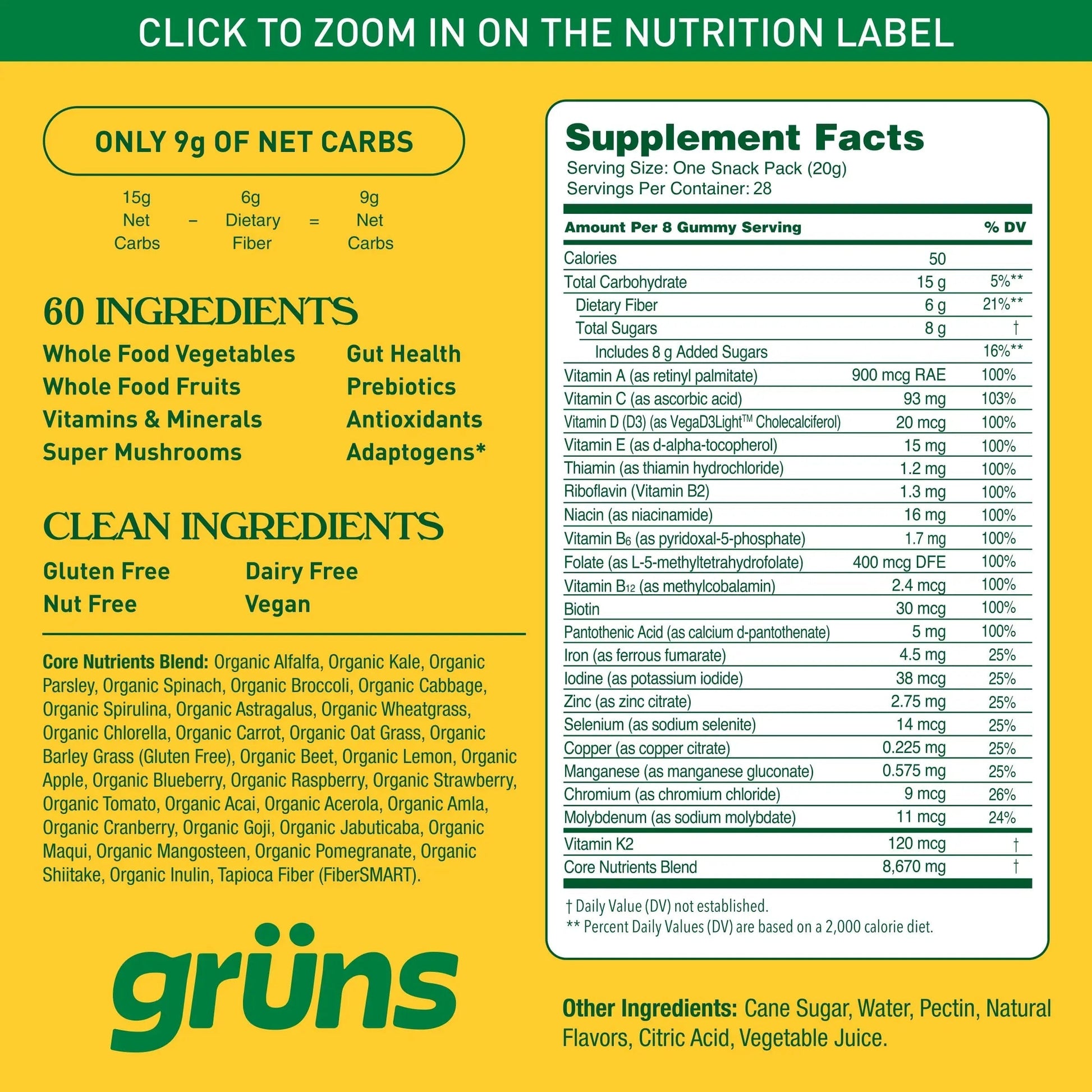Gruns Adults Super Greens Multivitamin Gummies, Superfood Vitamin Gummy Bears with Spirulina, Chlorella, Prebiotic Fiber for Digestive Health GrünsAu supplements