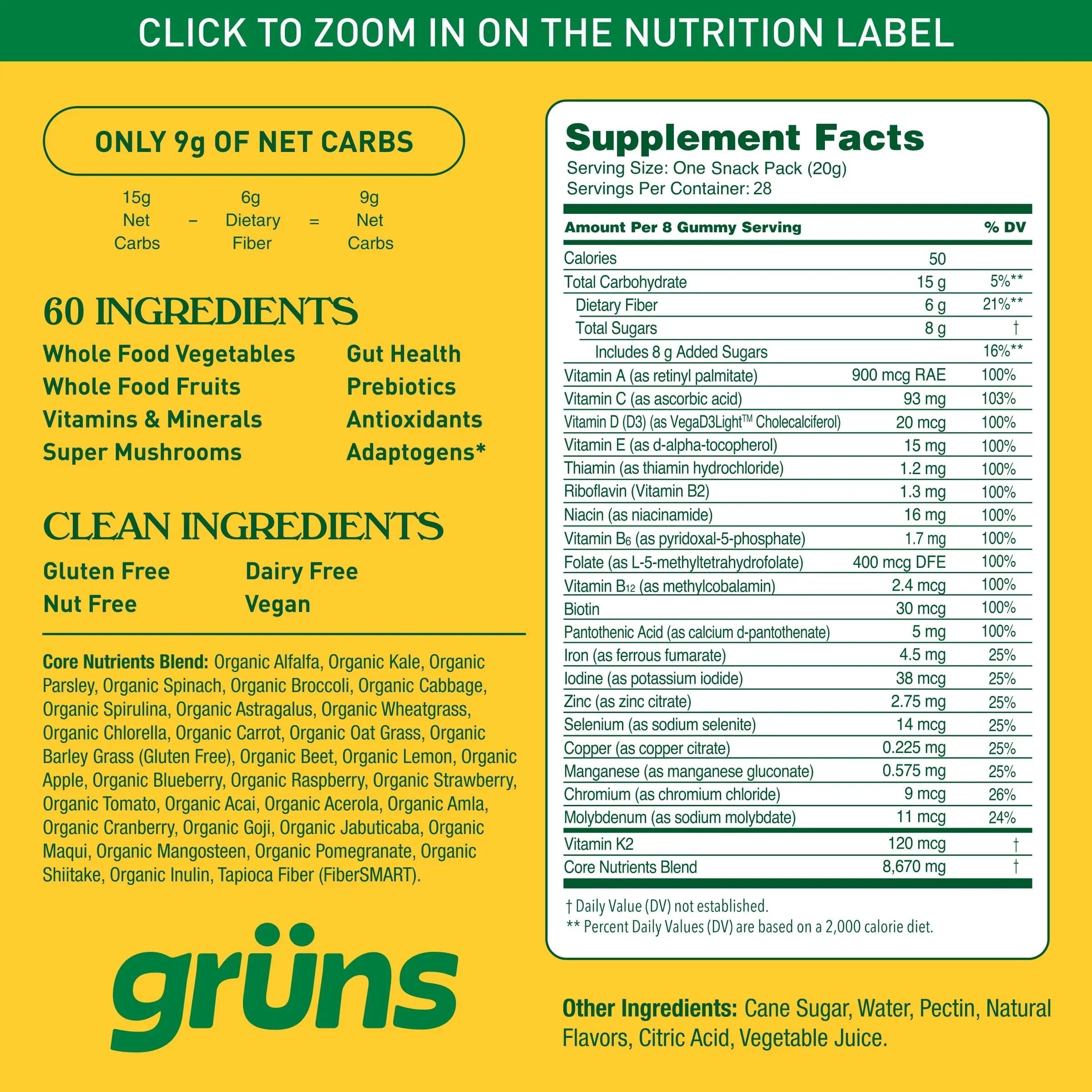 Gruns Adults Super Greens Multivitamin Gummies, Superfood Vitamin Gummy Bears with Spirulina, Chlorella, Prebiotic Fiber for Digestive Health GrünsAu supplements
