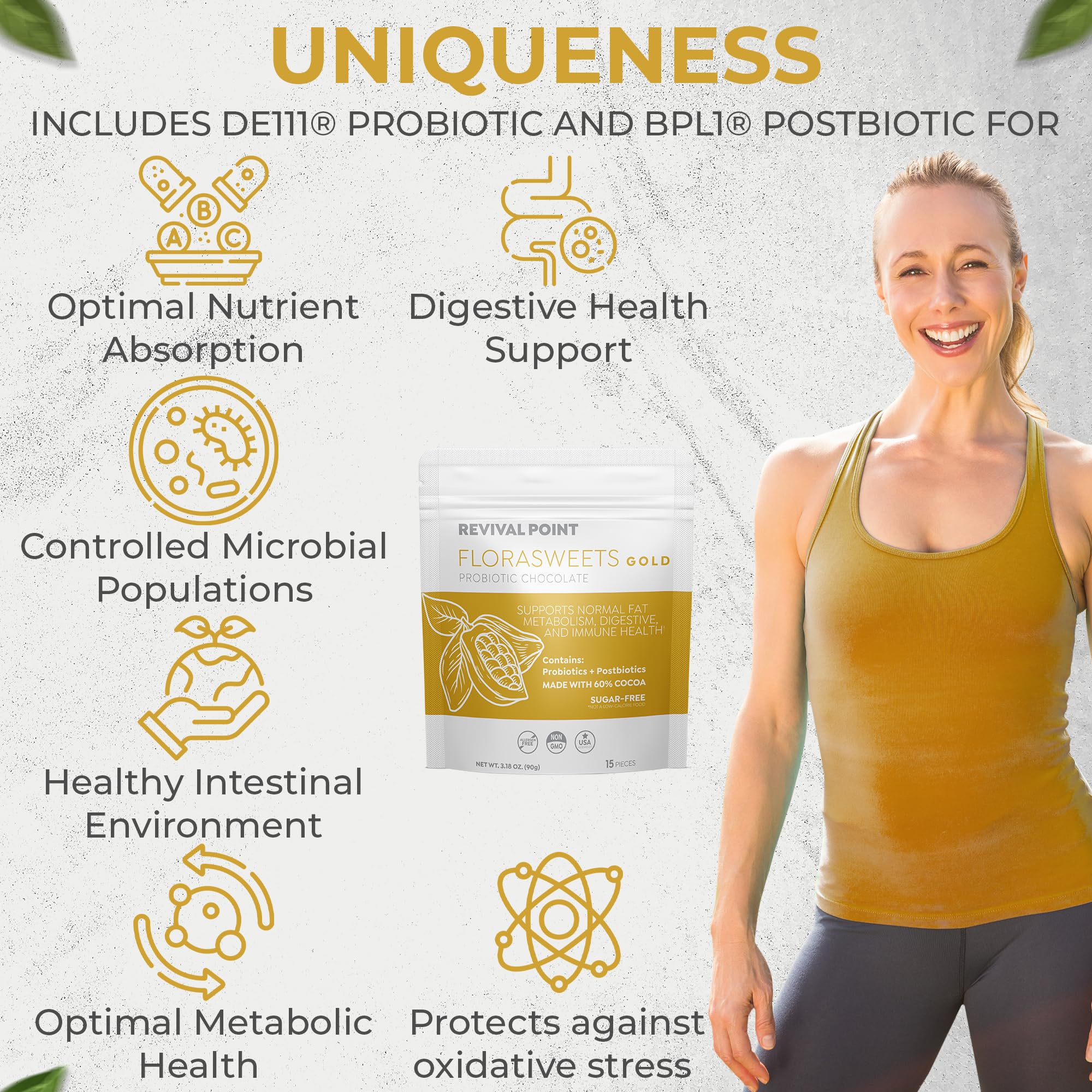 Revival Point Florasweets Gold Chocolate Bites with Probiotic + Postbiotic Stains DE111 & BPL1 - Indivally Wrapped - Supports Digestive & Gut Health Bacillus subtilis (1) Revival PointAu supplements