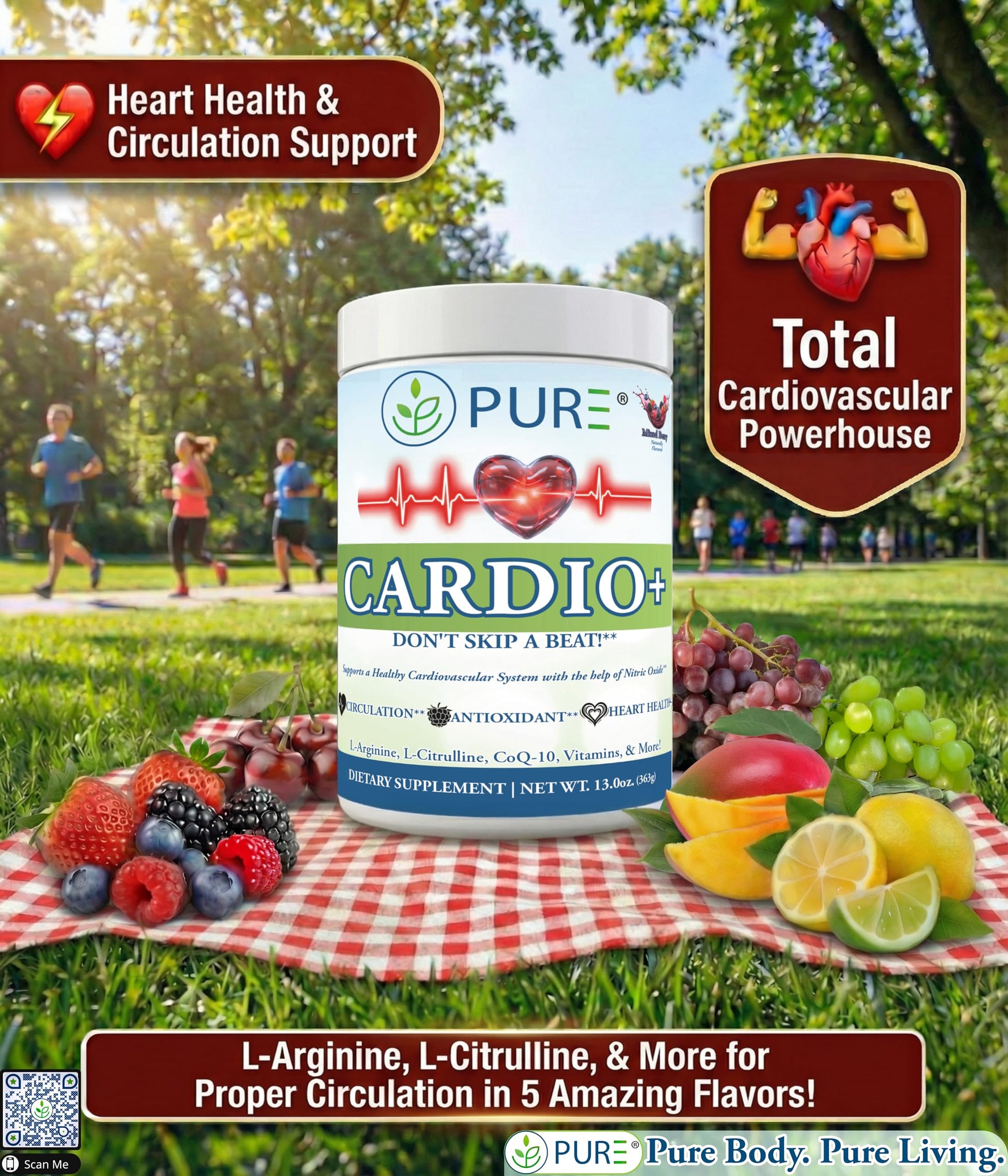 PURE® Cardio+ Nitric Oxide Heart & Circulation Support - 5000mg L-Arginine & 1000mg L-Citrulline - Lemon Lime, 30 Servings Powder, 375 Grams - CoQ10 Beet Root - High Potency Cardiovascular Formula PUREAu supplements