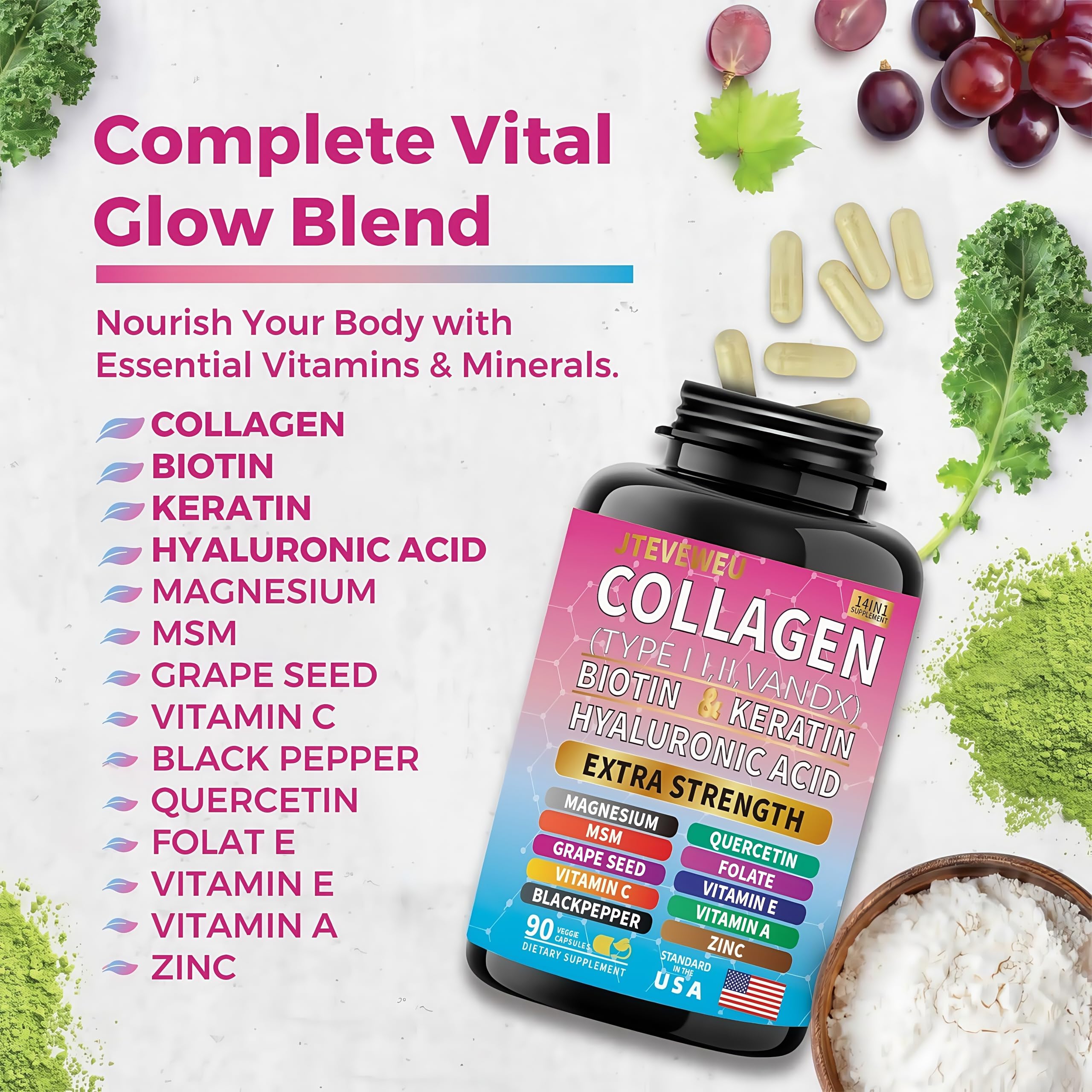 JTEVEweu Collagen Supplement - Type I, II, III, V and X - with Biotin, Keratin, Hyaluronic Acid & 13+ Extra Strength Ingredients - （90 Capsules） JTEVEweuAu supplements