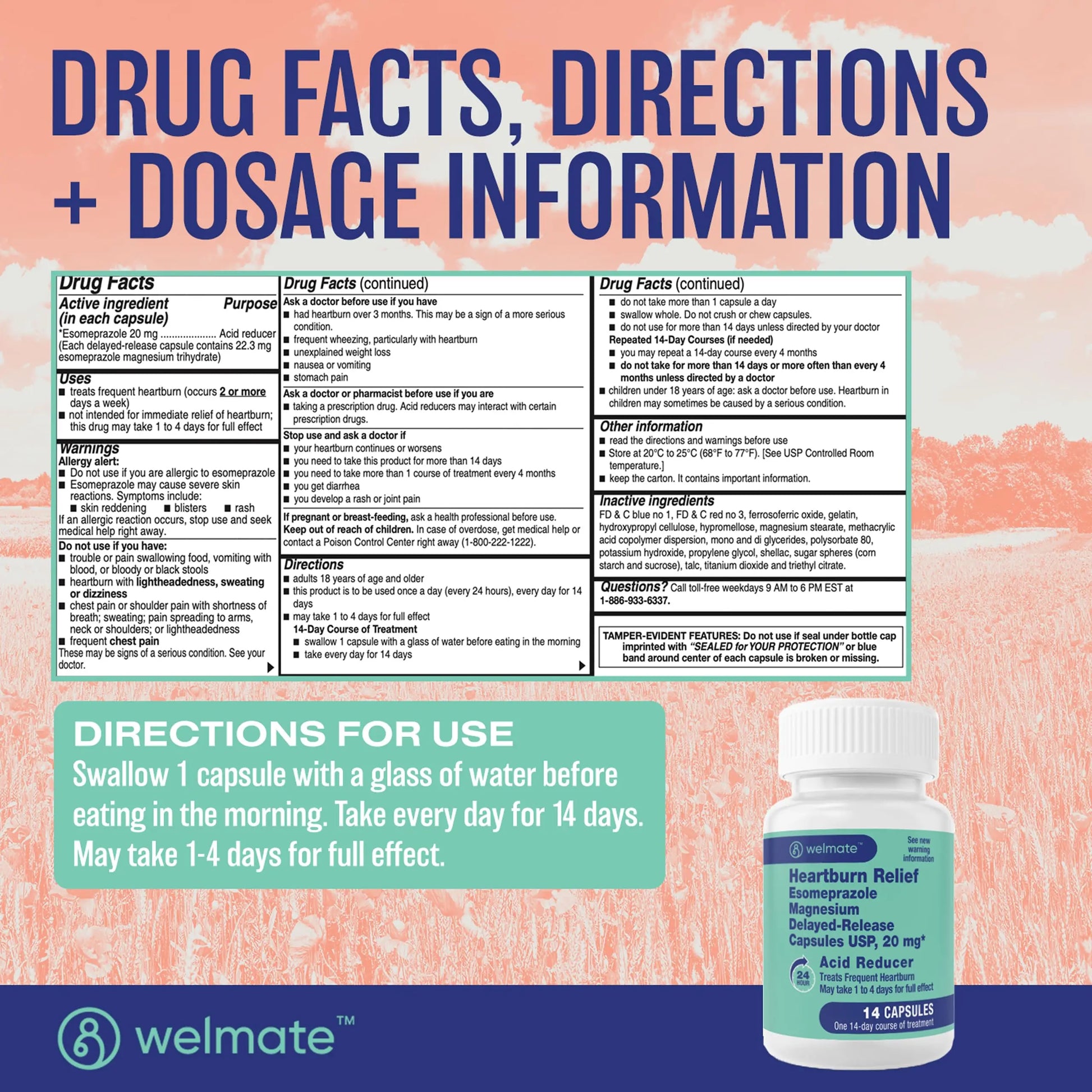 WELMATE Esomeprazole Magnesium 20mg Delayed Release Capsules, 84 Count (2-Pack) – Acid Reducer for Frequent Heartburn & Acid Reflux Relief, 24HR Protection, Digestion Support WELMATEnz supplements