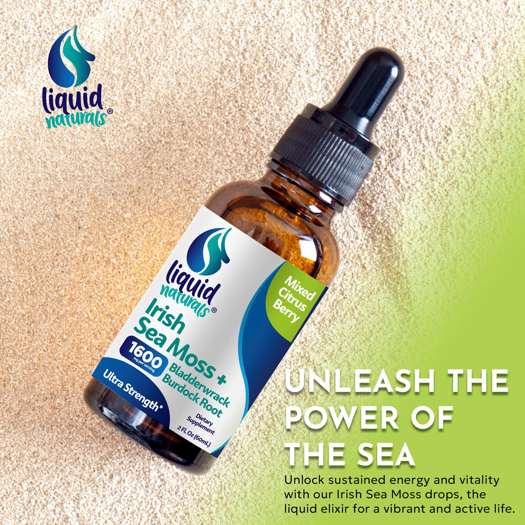 Liquid Naturals Irish Sea Moss Drops - Citrus Berry Flavor - 92+ Essential Minerals & Vitamins - Energy, Skin, Gut, Recovery - Bladderwrack and Burdock Root - 2 fl. oz Liquid NaturalsAu supplements