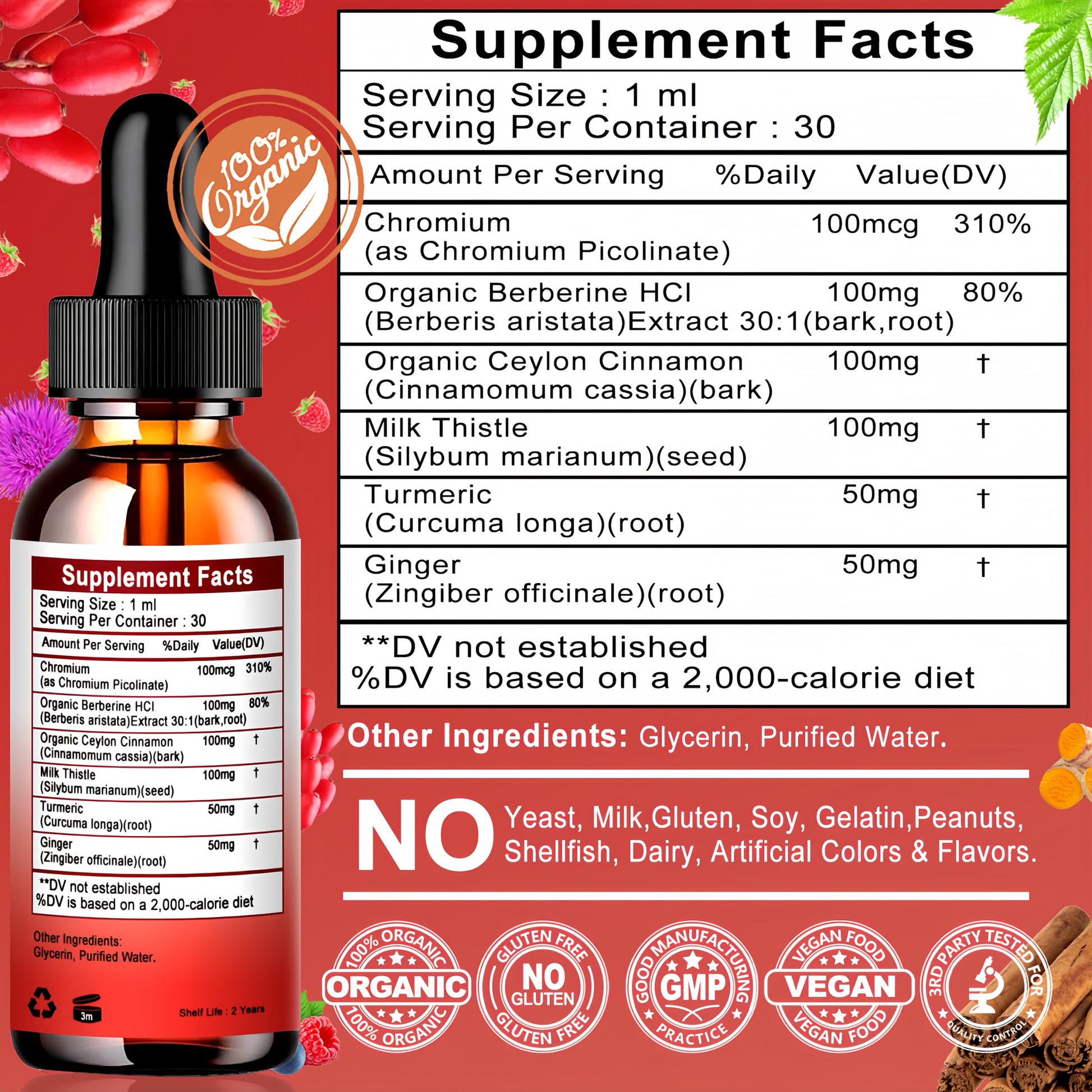 Berberine Drops, High Absorption 6-in-1 Liquid Berberine Supplement with Ceylon Cinnamon Milk Thistle Turmeric, Premium Berberine HCl for Immune Function Metabolic & Digestive Support, 30 Servings Vita letuoAu supplements