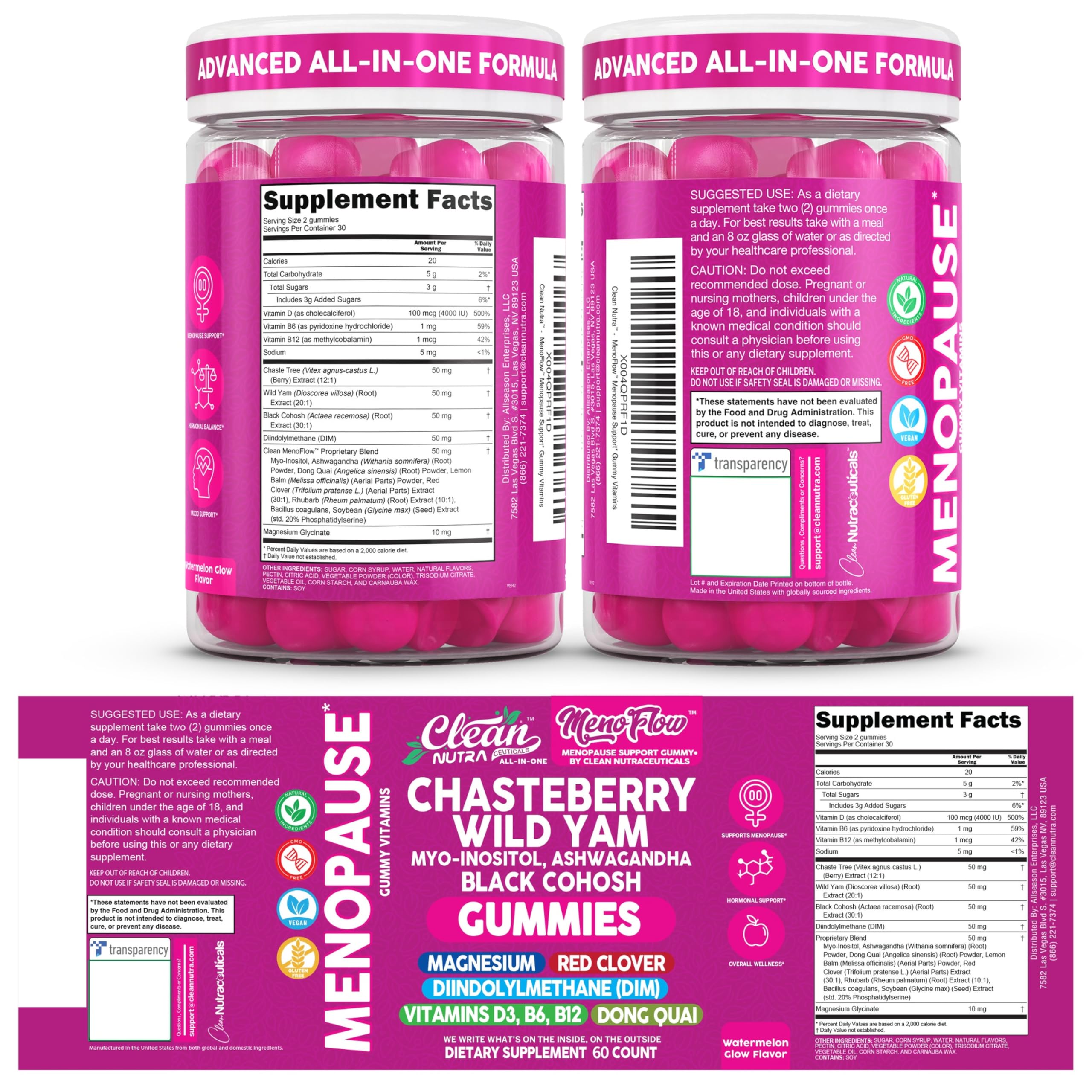 Clean Nutra Menopause Supplements for Women Chastberry Wild Yam Gummies Inositol Black Cohosh Magnesium Red Clover DIM Supplement B6 Magnesium Glycinate Glycine Vitex Hormone Balance Gummy Vitamins Clean NutraceuticalsAu supplements