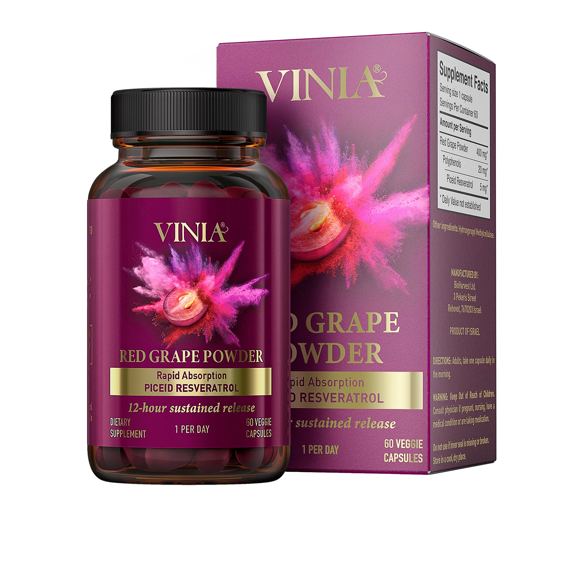 VINIA 12-Hour Sustained Release Piceid Resveratrol Supplement. Nitric Oxide Supplement VINIAUS supplements