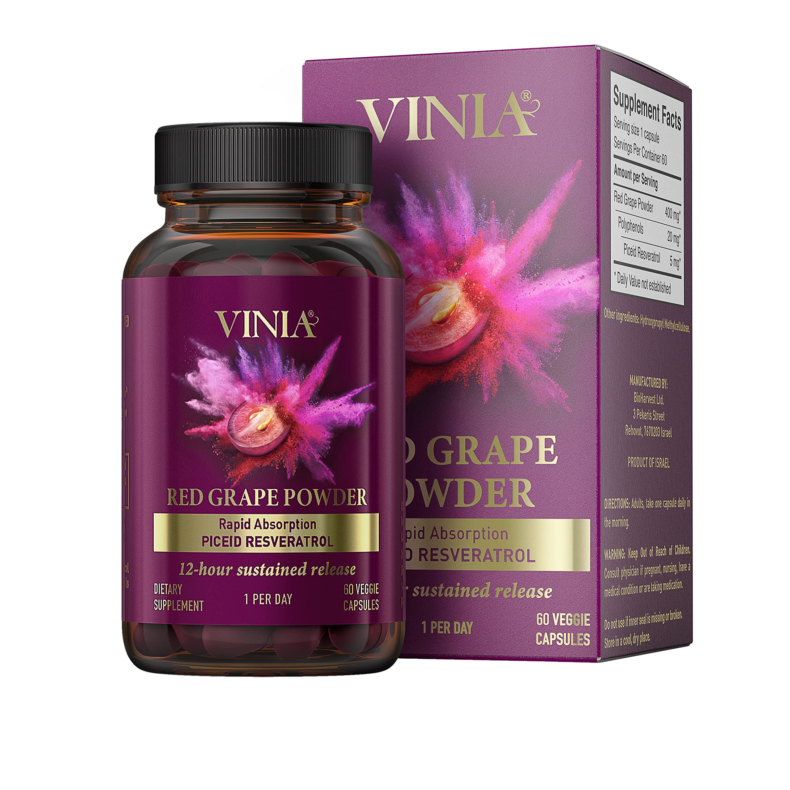 VINIA 12-Hour Sustained Release Piceid Resveratrol Supplement. Nitric Oxide Supplement VINIAUS supplements