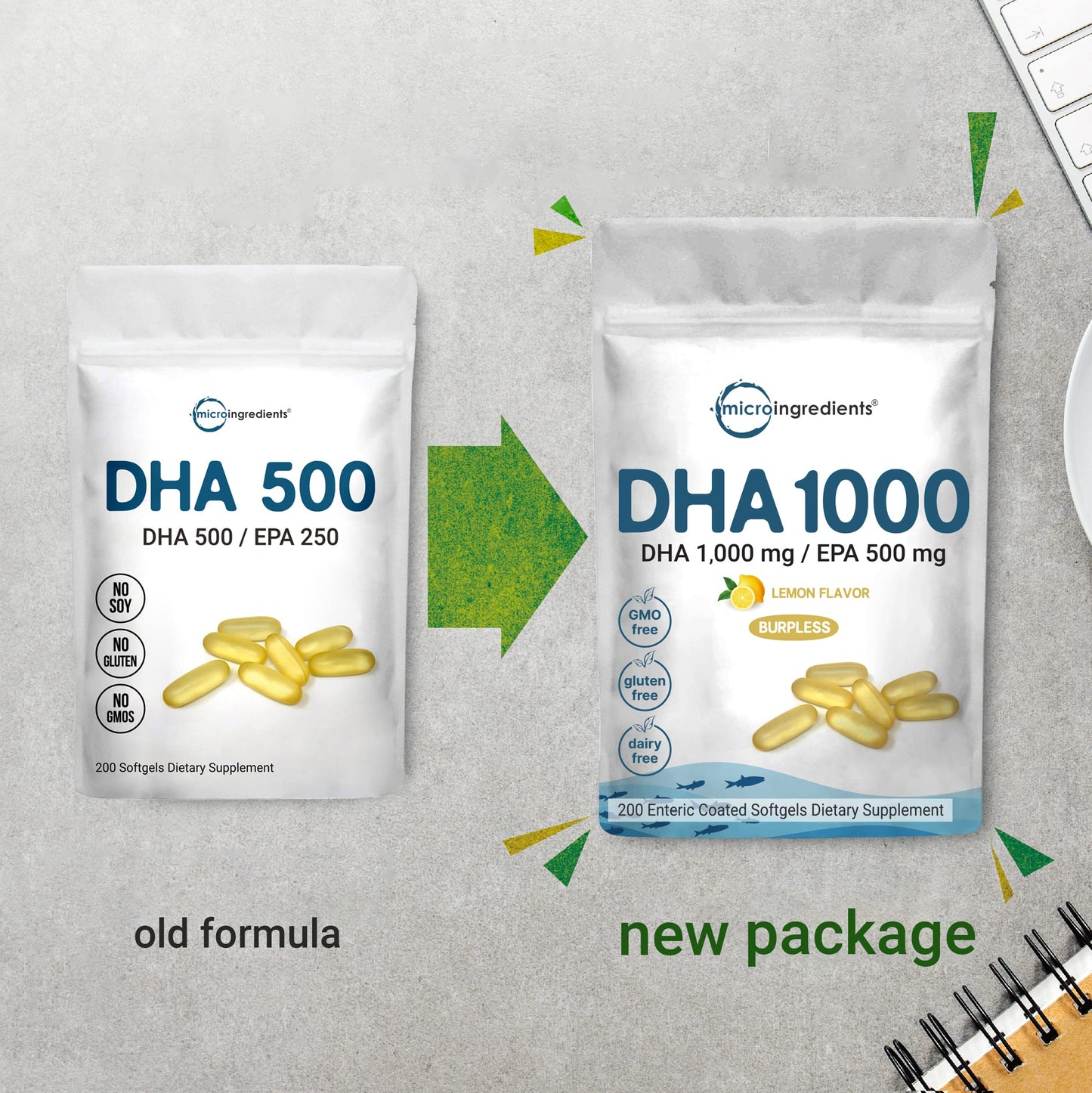 Omega 3 Fish Oil DHA Supplements 1000mg with EPA 500mg, 200 Softgels Micro IngredientsUS supplements