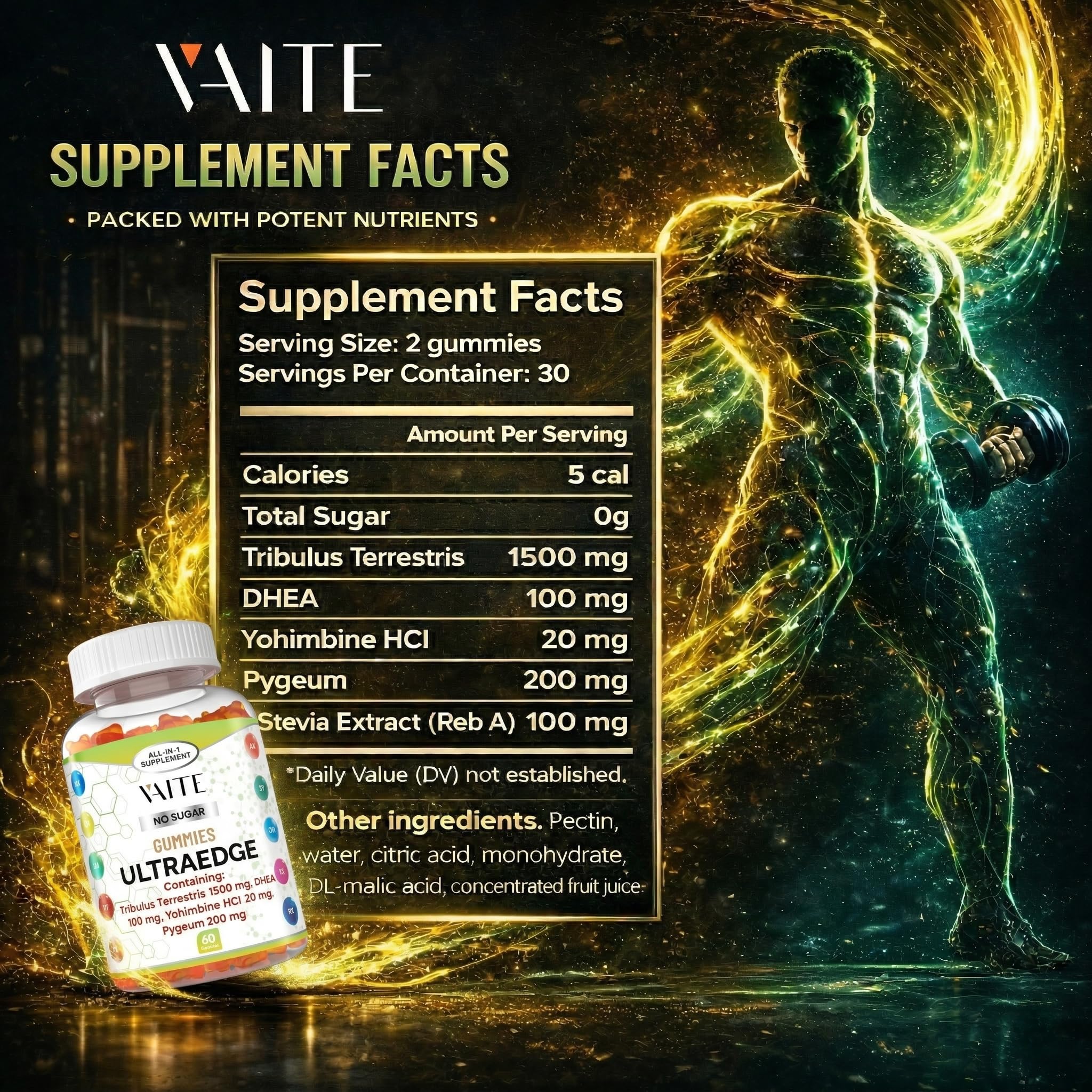 VAITE UltraEdge Herbal Complex Gummies – Tribulus Terrestris 1500mg, DHEA 100mg, Yohimbine HCl 20mg, Pygeum 200mg, Plant-Based Blend, 60 Vegan Gummies, Non-GMO, Gluten-Free, Adult Supplement VAITEAu supplements