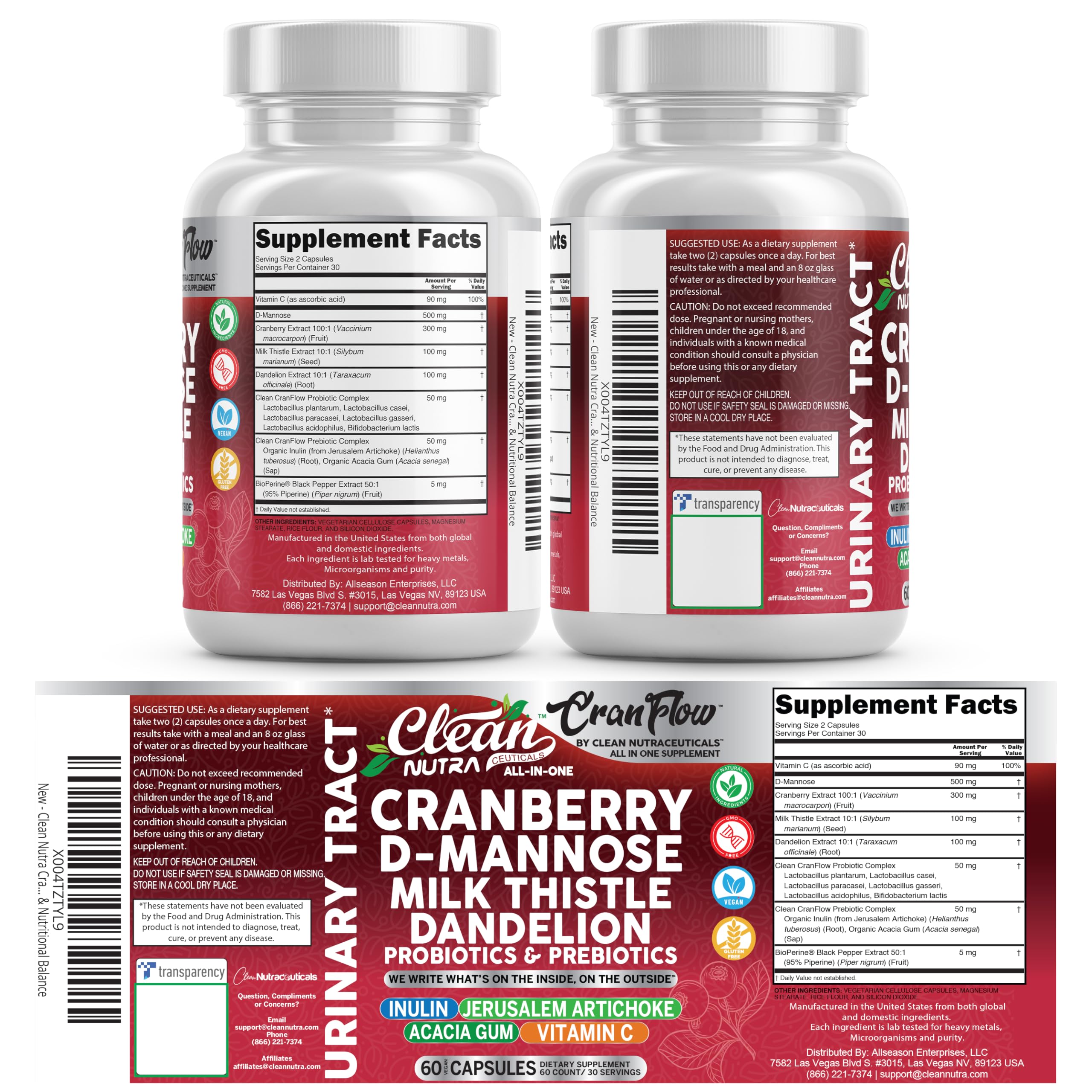 Cran Flow Cranberry Pills for Urinary Health D-Mannose Milk Thistle Dandelion Inulin Vitamin C Prebiotics and Probiotics Bladder Support By Clean Nutra Clean NutraceuticalsAu supplements