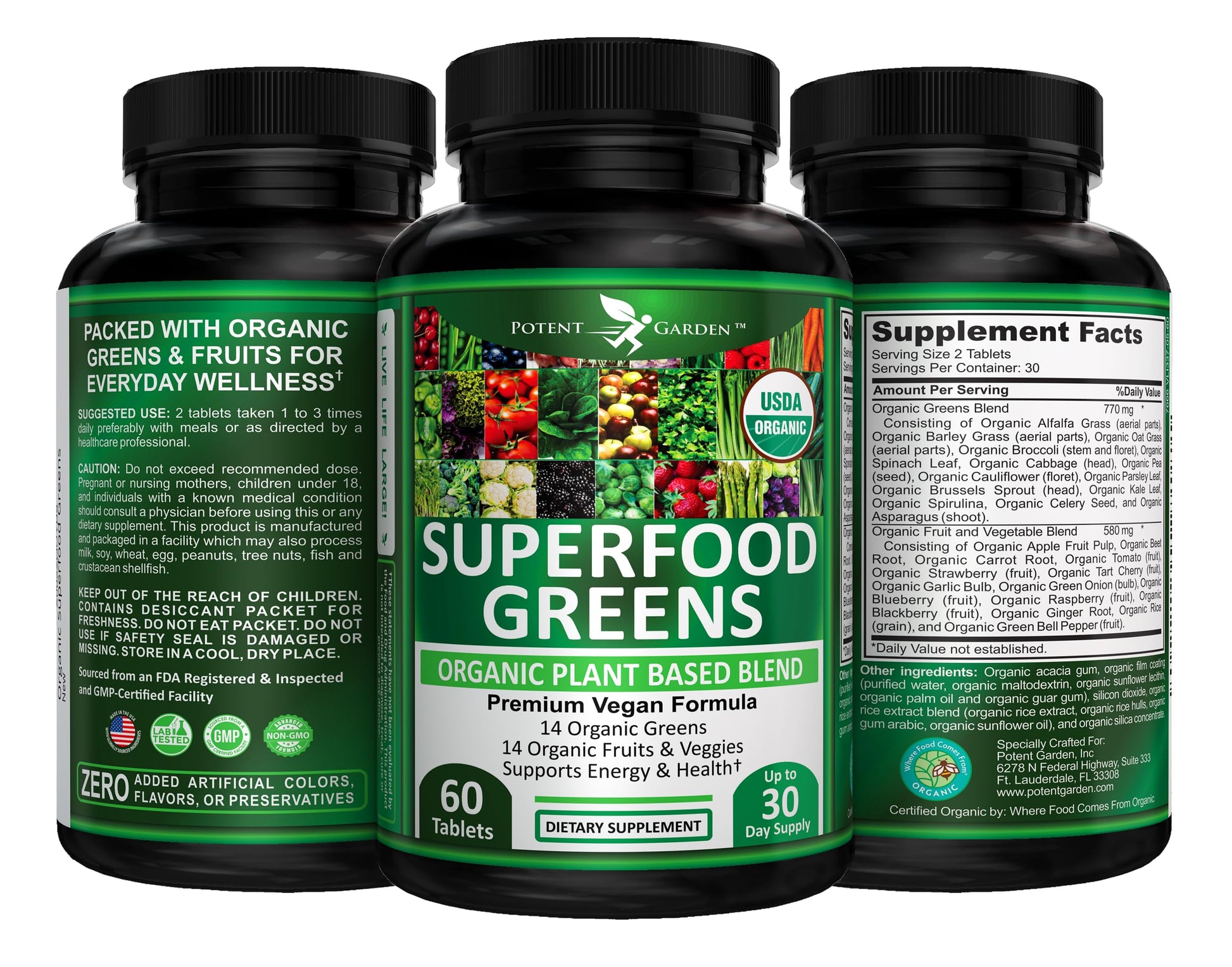 Potent Garden Organic Superfood Greens, Fruit and Veggies Supplement Rich in Vitamins & Antioxidants with Alfalfa, Beet Root & Tart Cherry to Boost Energy, Immunity & Gut Health, Greens Tablets 60 Ct Potent GardenAu supplements