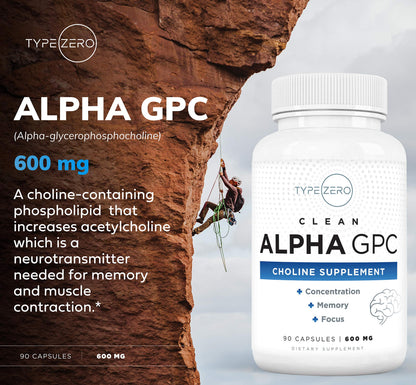 Type Zero Ultra Clean Alpha GPC Choline Supplement (600mg | 90 Capsules) Soy Free, Non-GMO Nootropics Alpha GPC 600mg / 300mg; Alpha-GPC Brain Memory and Focus Supplements Type ZeroUS supplements