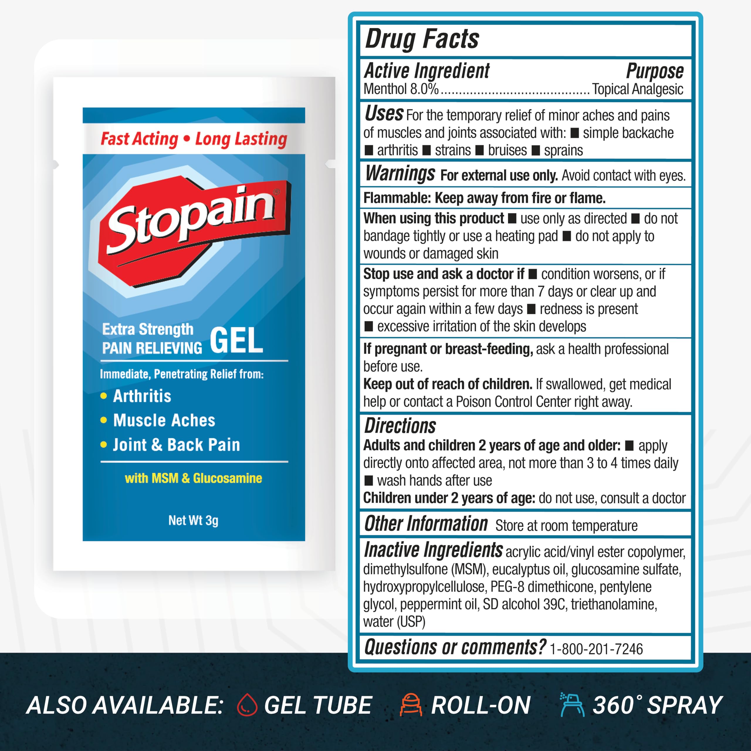 Stopain Pain Relief 3g Gel Packets, 100ct, 8% Menthol, Topical Pain Relief, Knee Pain Relief, Back Pain Relief, and Arthritis Pain Relief, Perfect for Workplace First Aid Cabinets, Made in USA StopainAu supplements