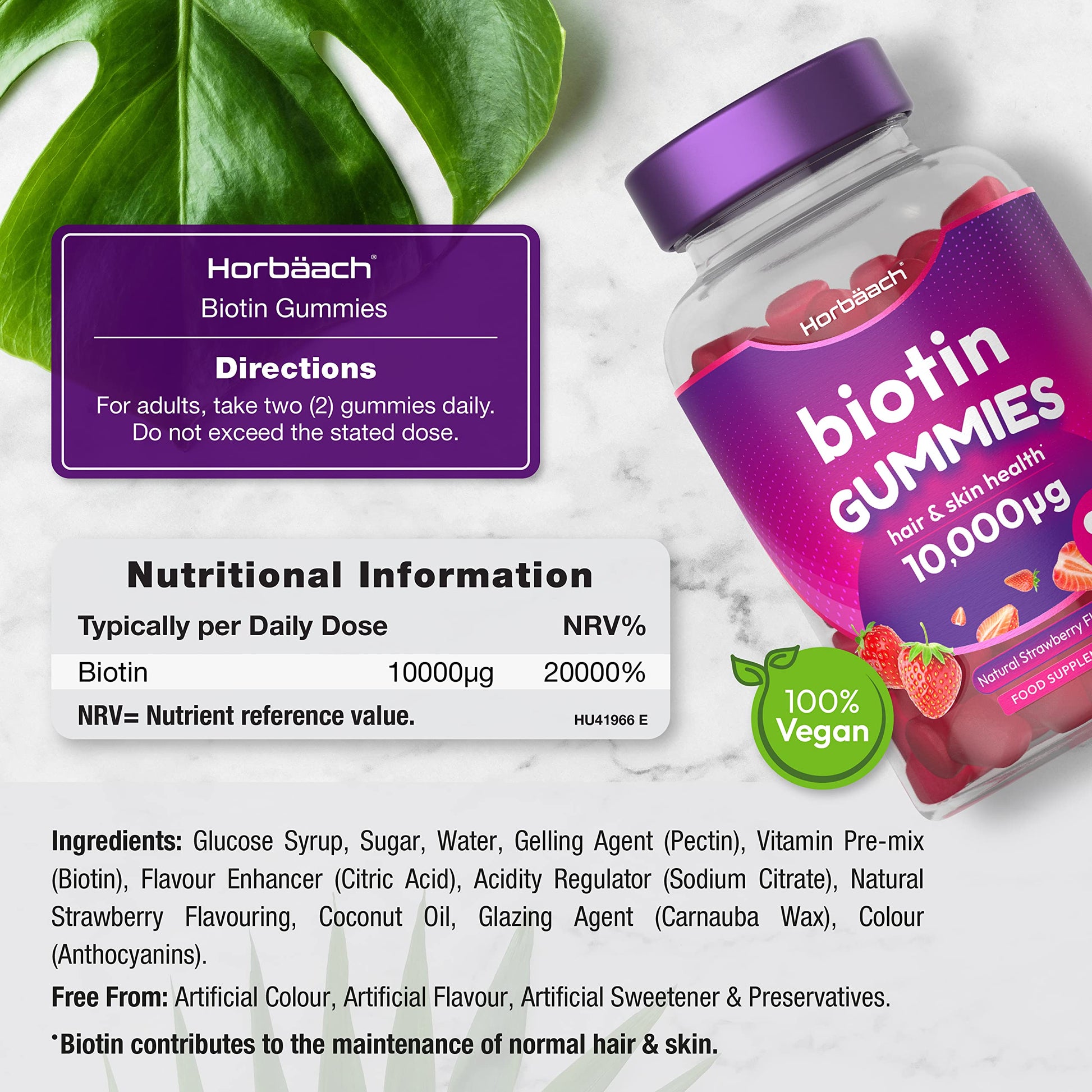 Biotin Gummies 10,000mcg | 90 Vegan Vitamins | Natural Strawberry Flavour HorbäachUS supplements