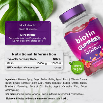 Biotin Gummies 10,000mcg | 90 Vegan Vitamins | Natural Strawberry Flavour HorbäachUS supplements