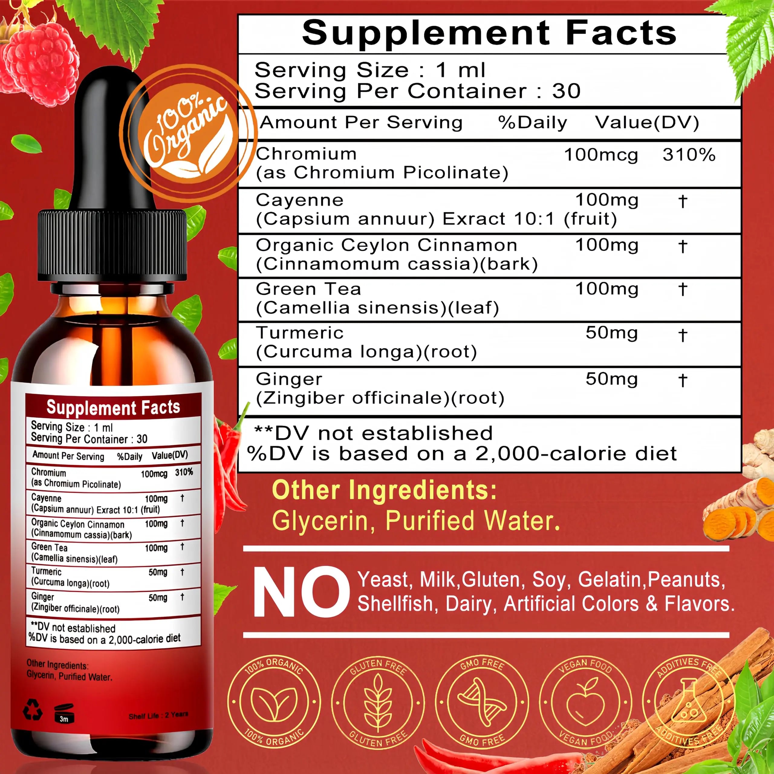 Cayenne Pepper Drops, High Absorption 6-in-1 Liquid Cayenne Pepper Supplement w/Ceylon Cinnamon, Green Tea Extract, Turmeric, Organic Liquid Drops Than Cayenne Capsules Powder Vita letuonz supplements